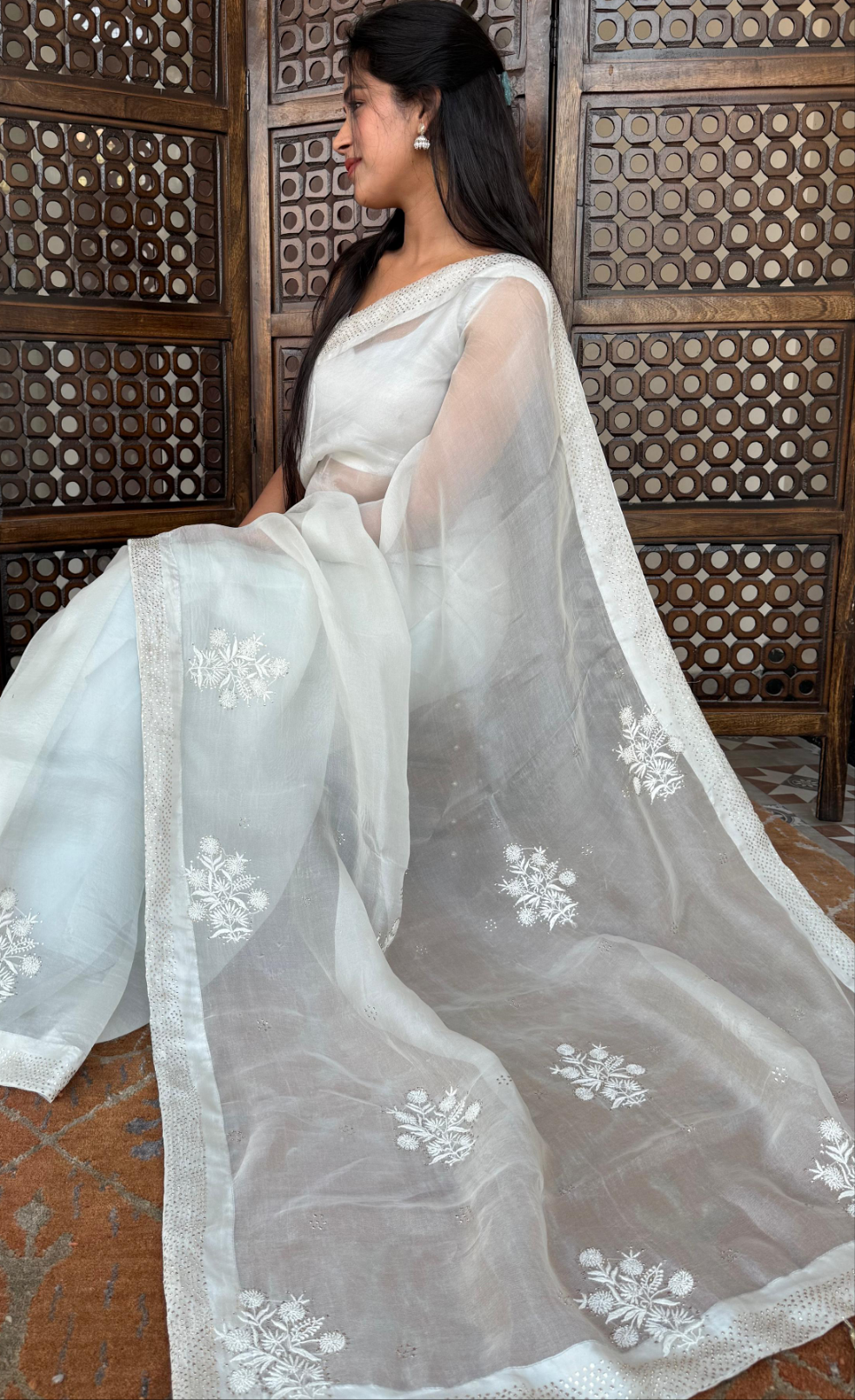 Organza Silk Chikankari Saree ( cloud grey )