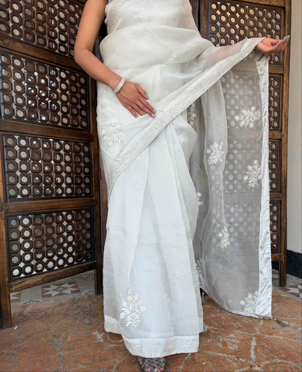 Organza Silk Chikankari Saree ( cloud grey )