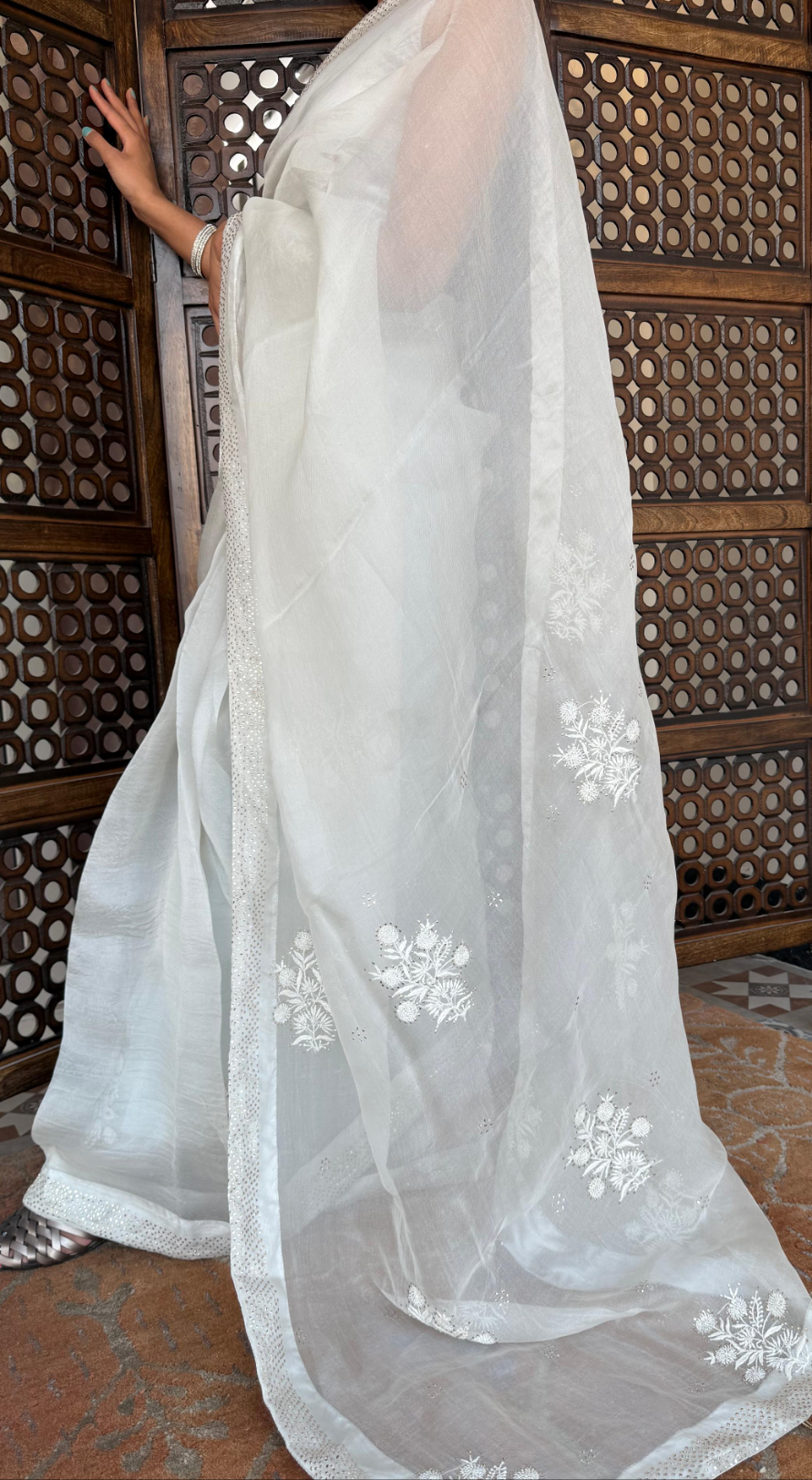 Organza Silk Chikankari Saree ( cloud grey )