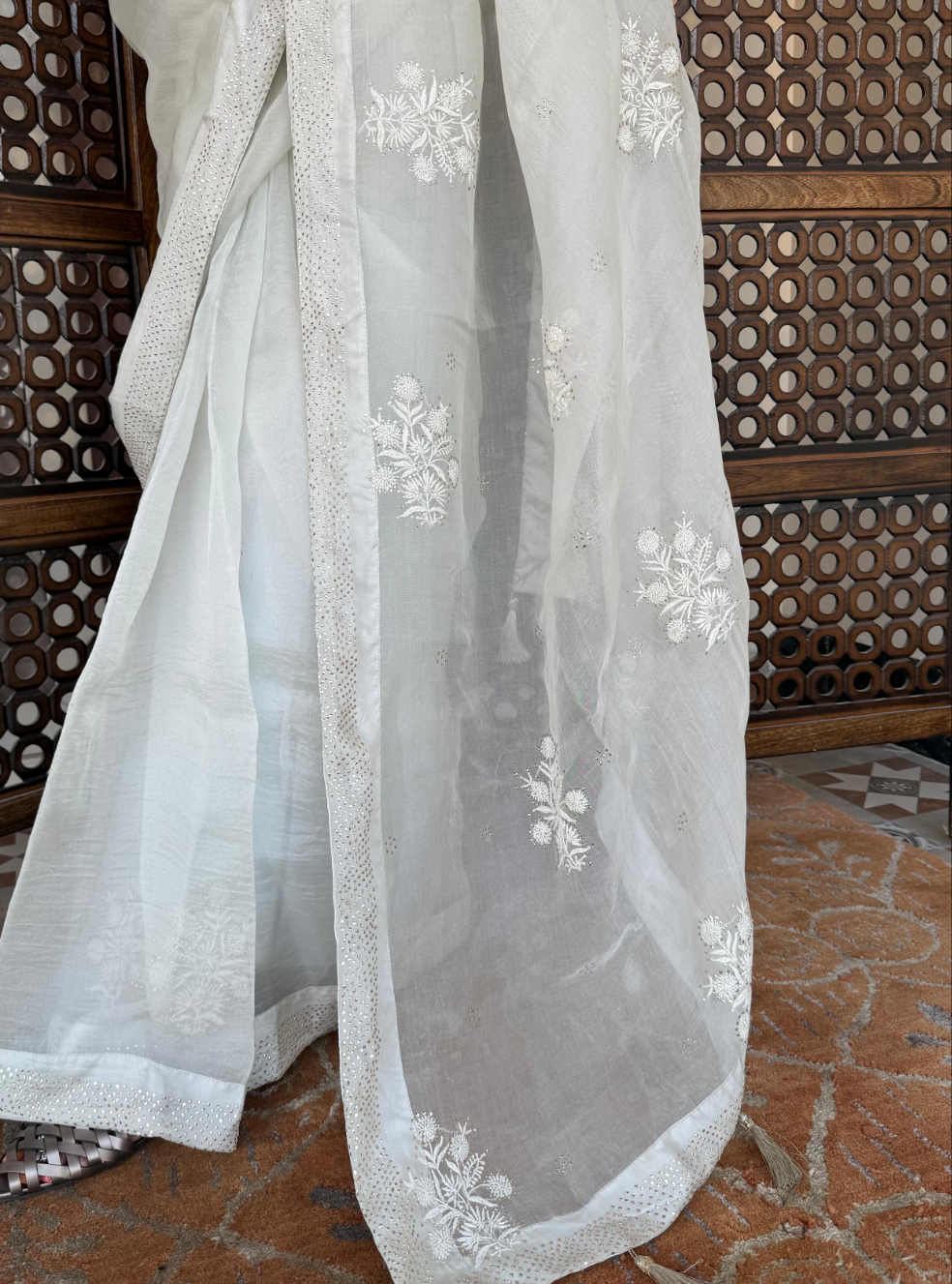 Organza Silk Chikankari Saree ( cloud grey )