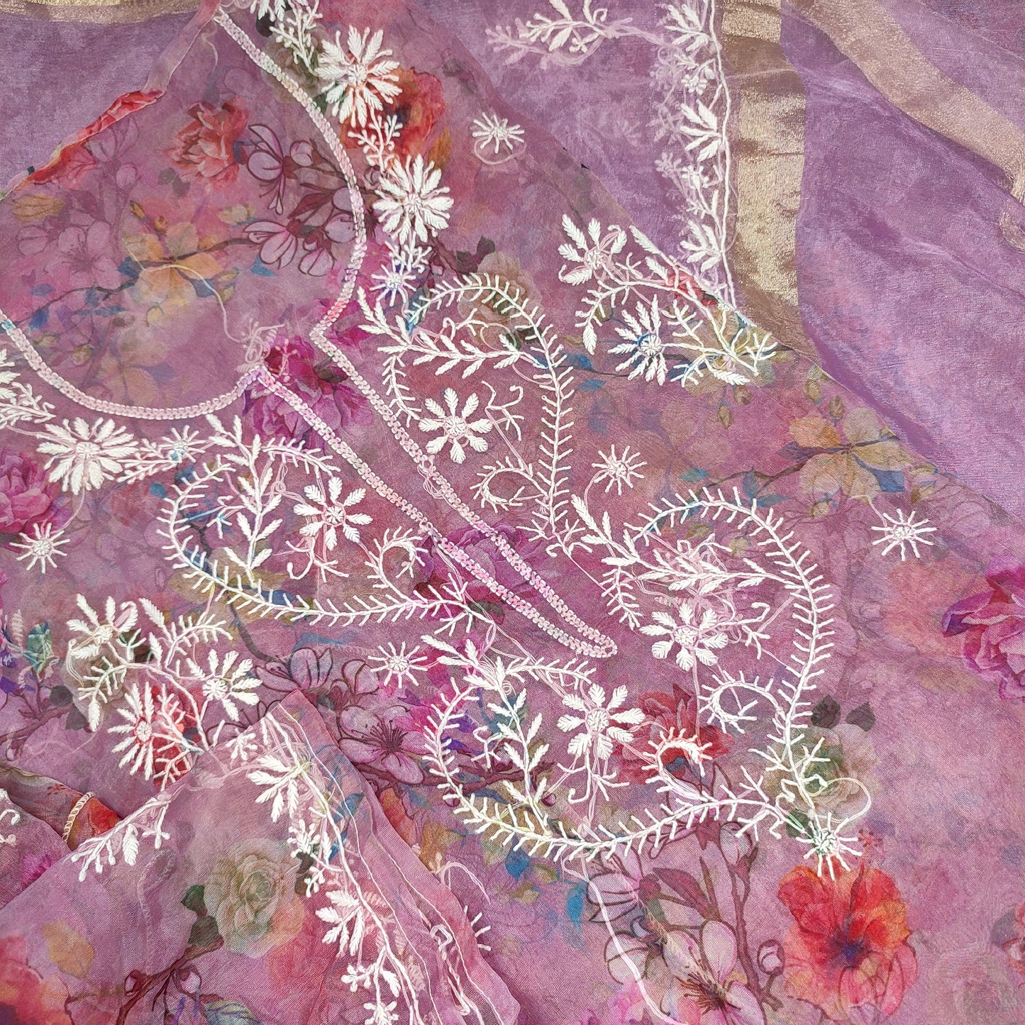 Organza Printed semi stitched Kurta Fabric and Dupatta- Dyeable (Purple-Wine)