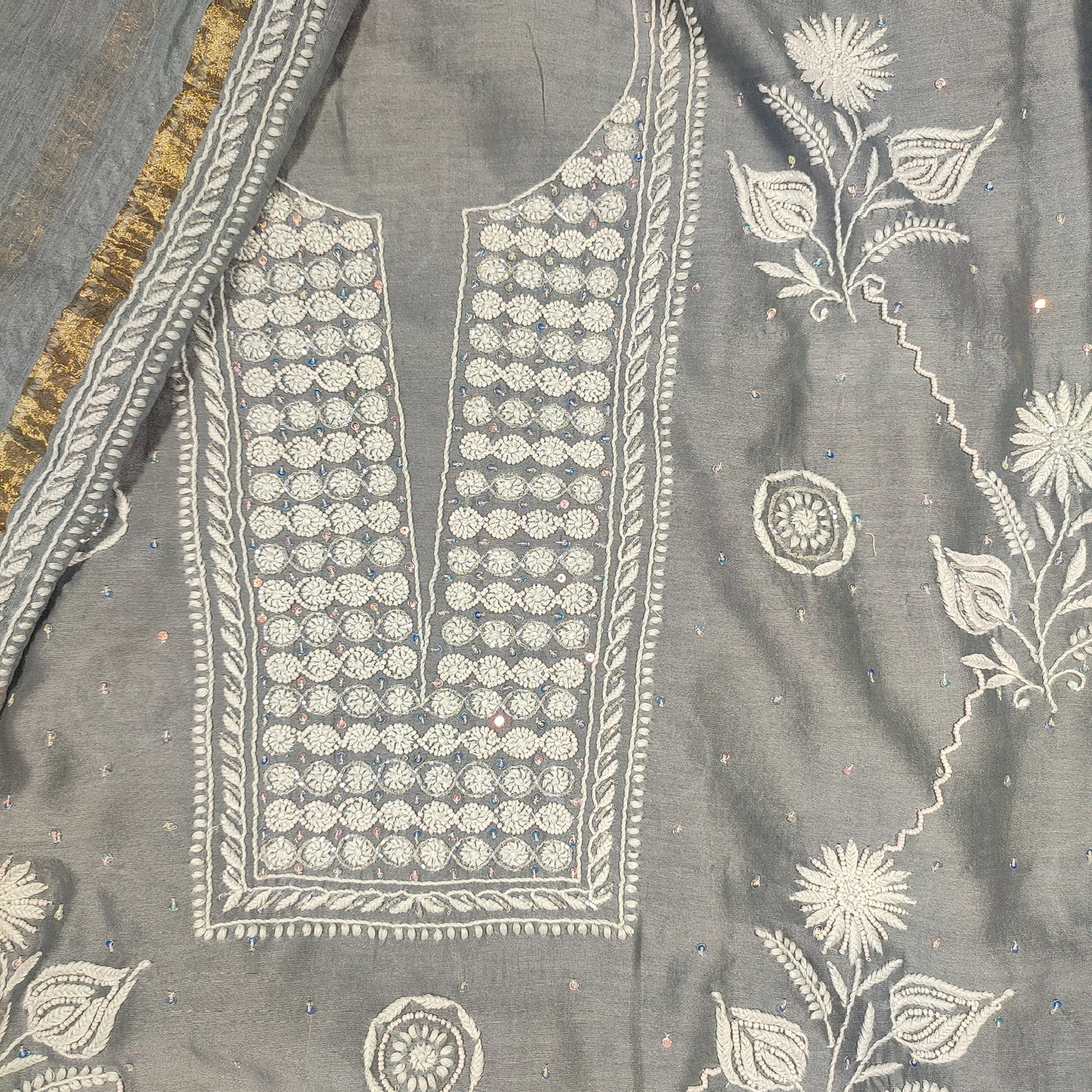 Chanderi Silk Kurta Fabric with Addons and Dupatta- Dyeable (Grey)