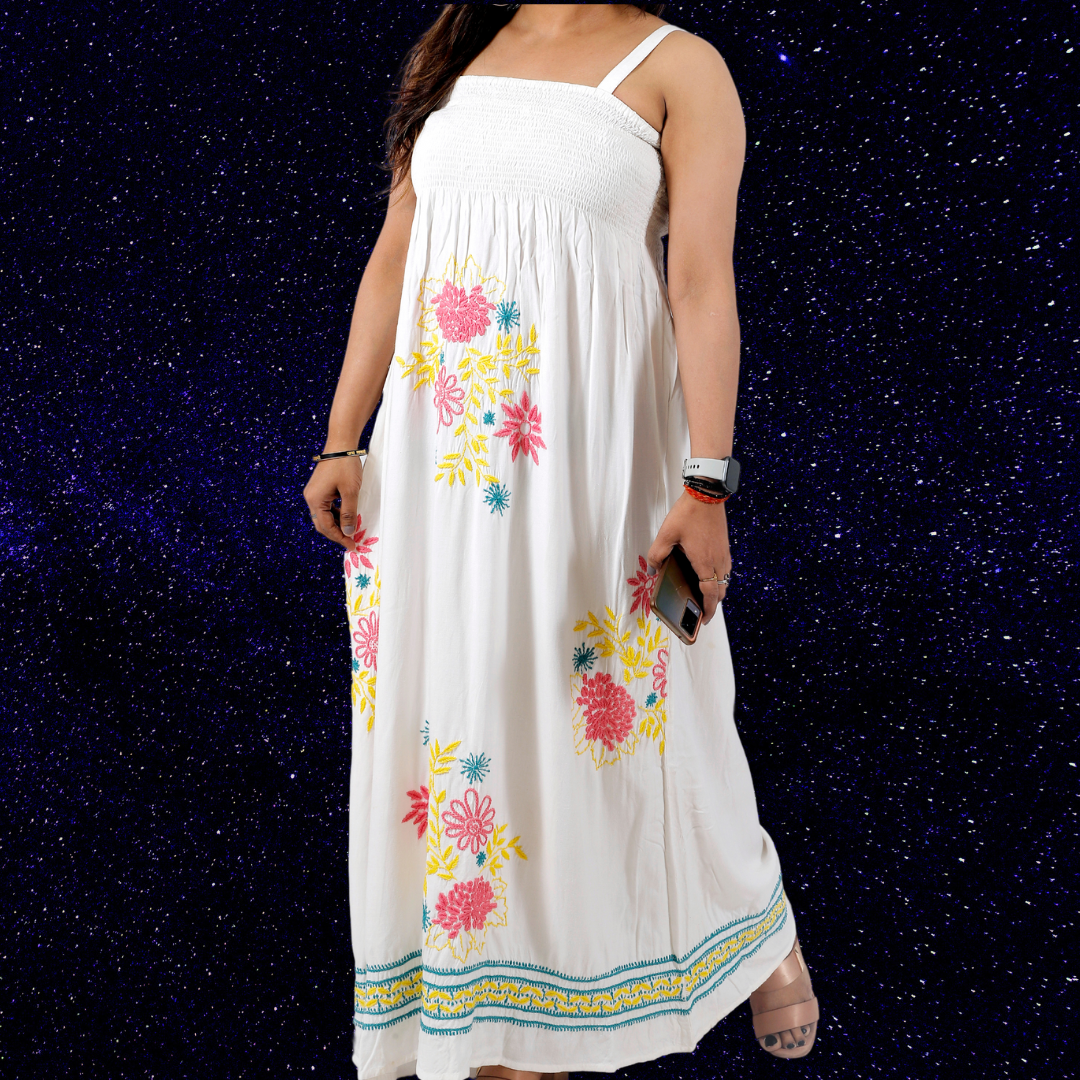 Rayon Chikankari Off Shoulder Dress (White)
