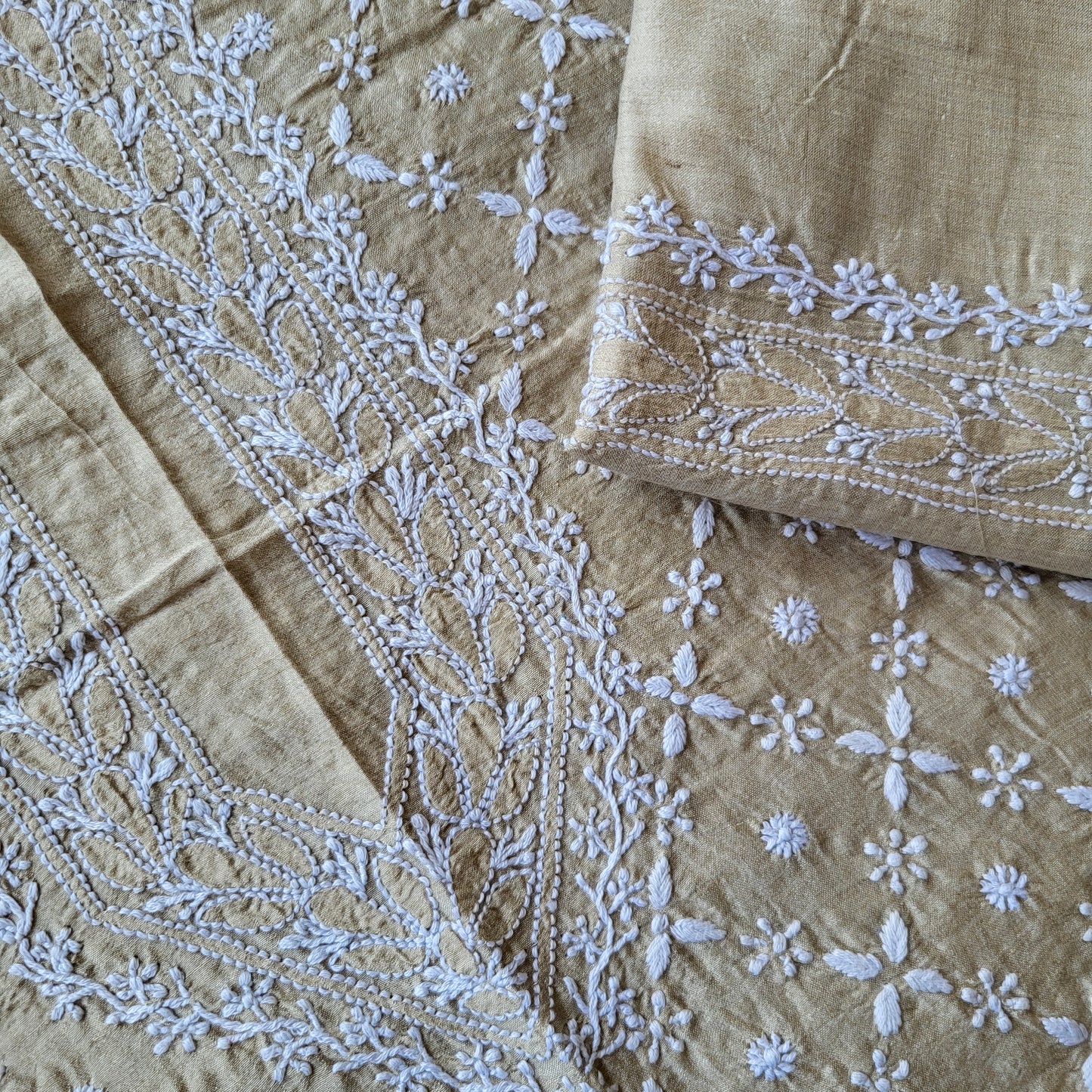 Moonga Silk Mens Chikankari Kurta Fabric with all over embroidery (dyeable )