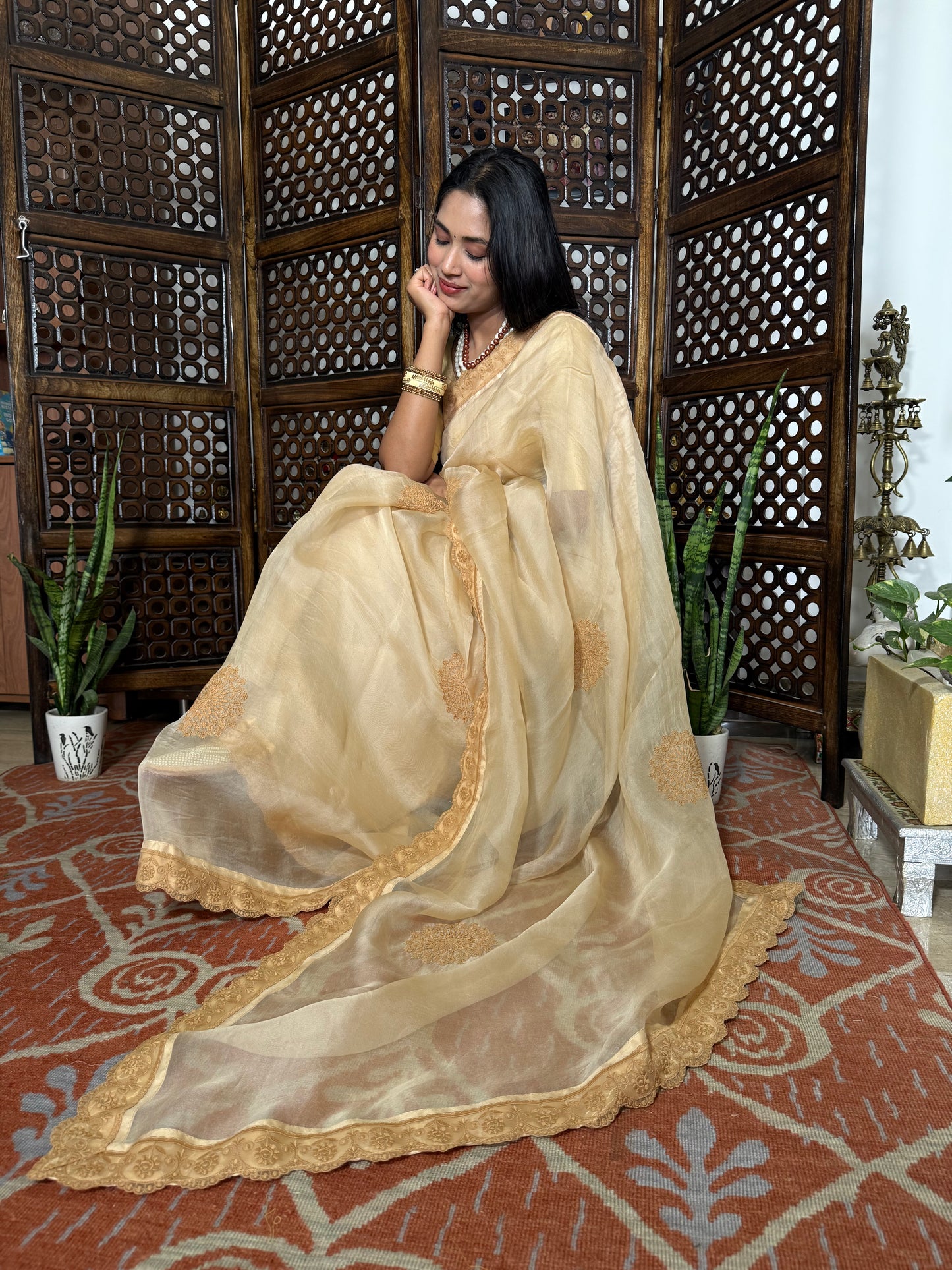 Organza Silk Chikankari Saree (Almond)