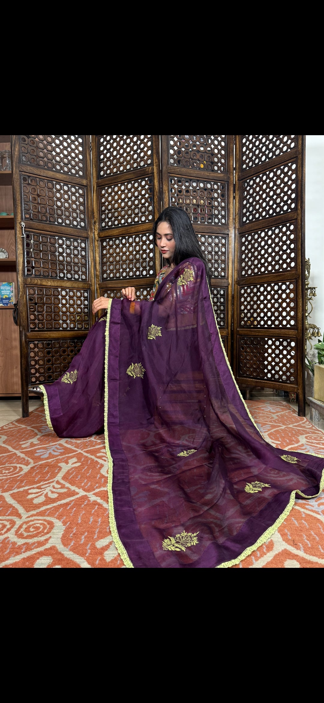 Organza Silk Chikankari Saree (Wine)