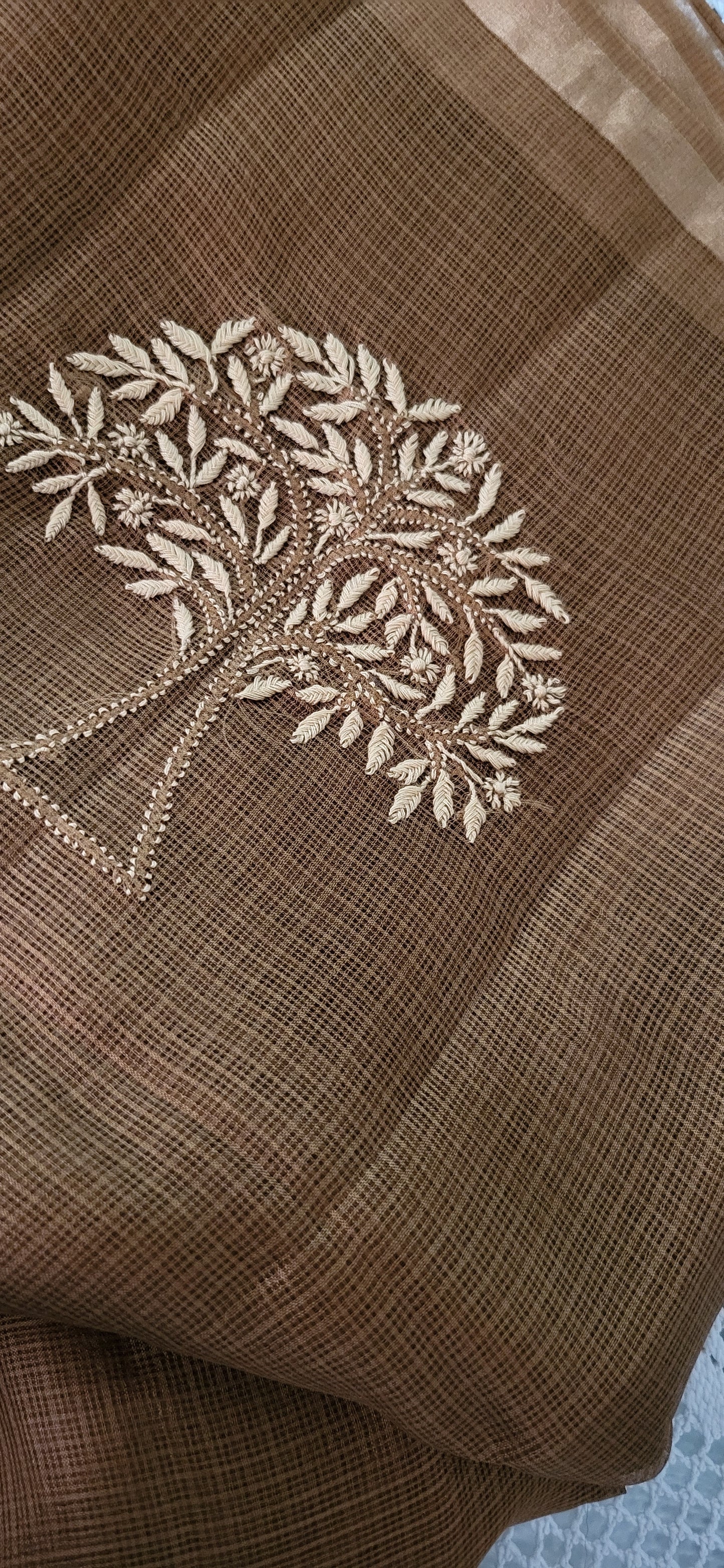 Kota Silk Chikankari Saree with Golden Border (Brown)