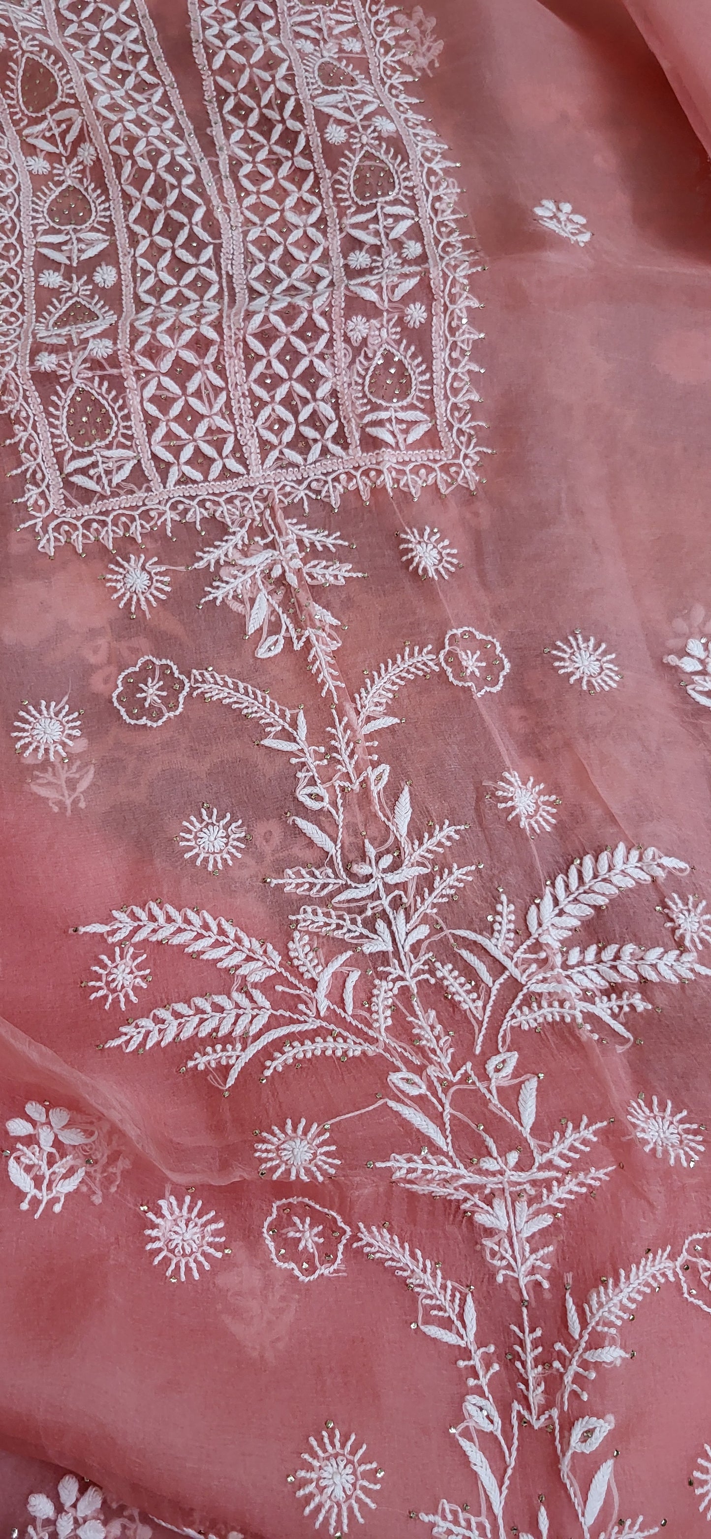 Pure Organza Silk Kurta Fabric along with Dupatta - Peach