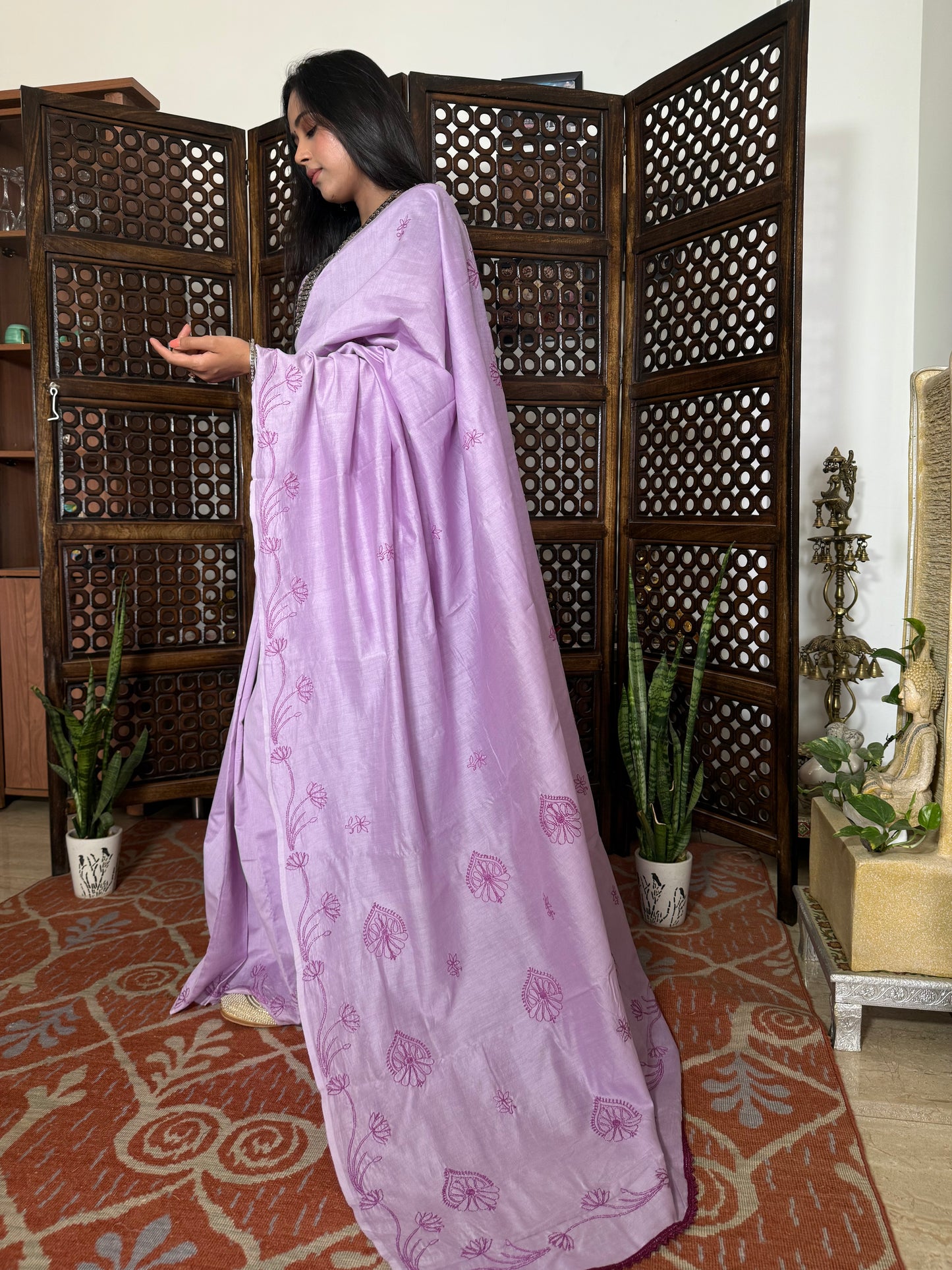 Chanderi Silk Chikankari Saree (Lavendar)