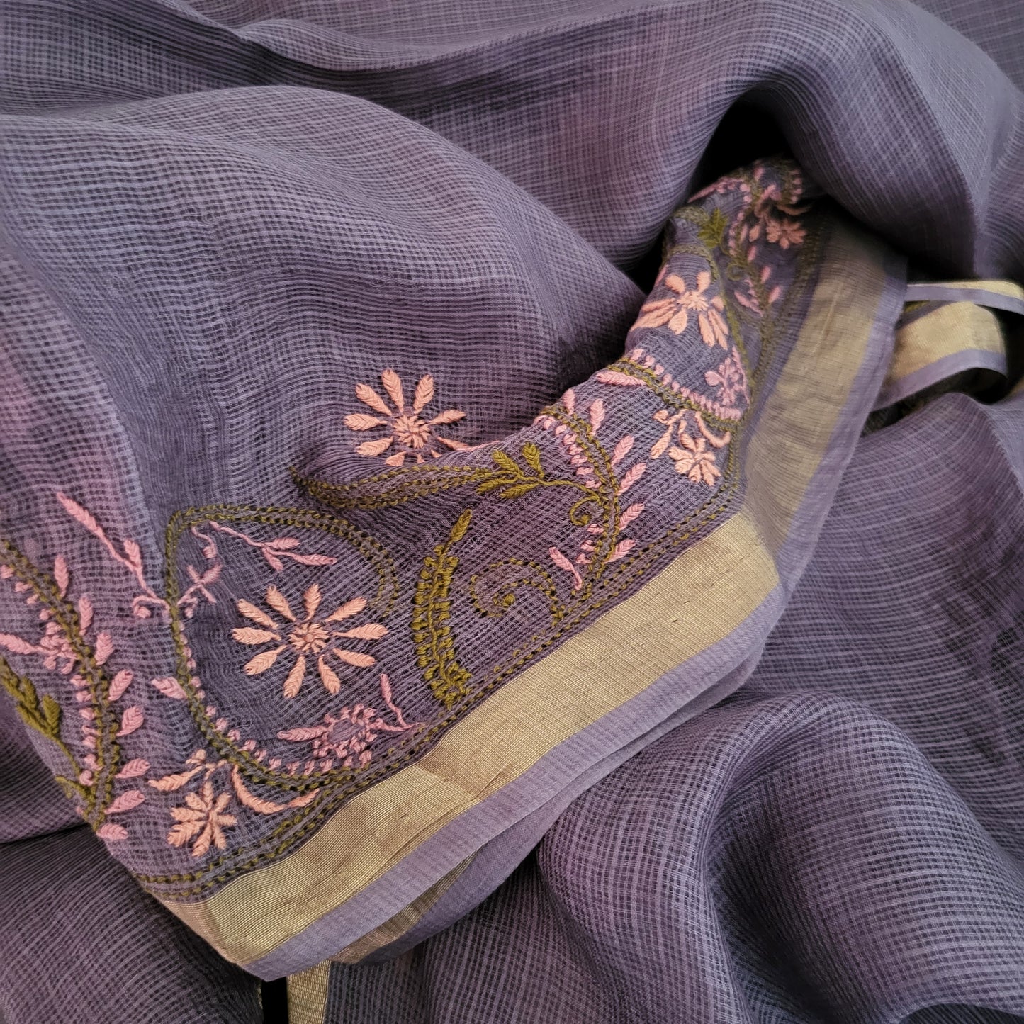 Kota Silk Chikankari Saree with Golden Border (Dark lavender)