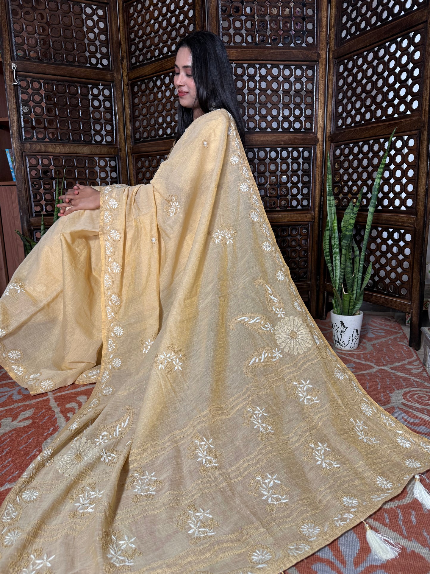 Chanderi Tissue Silk Chikankari Saree (Golden)