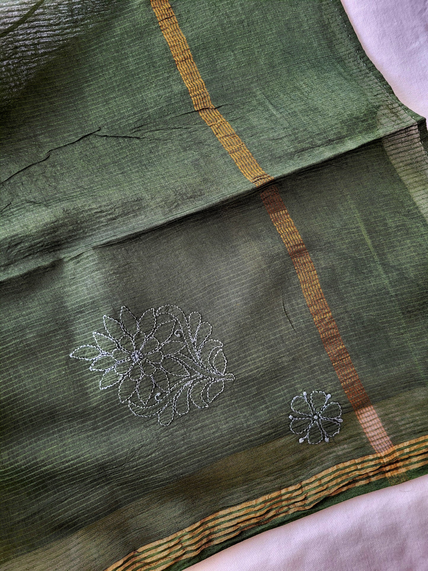 Chanderi Cotton Chikankari Dupatta (Bottle green)