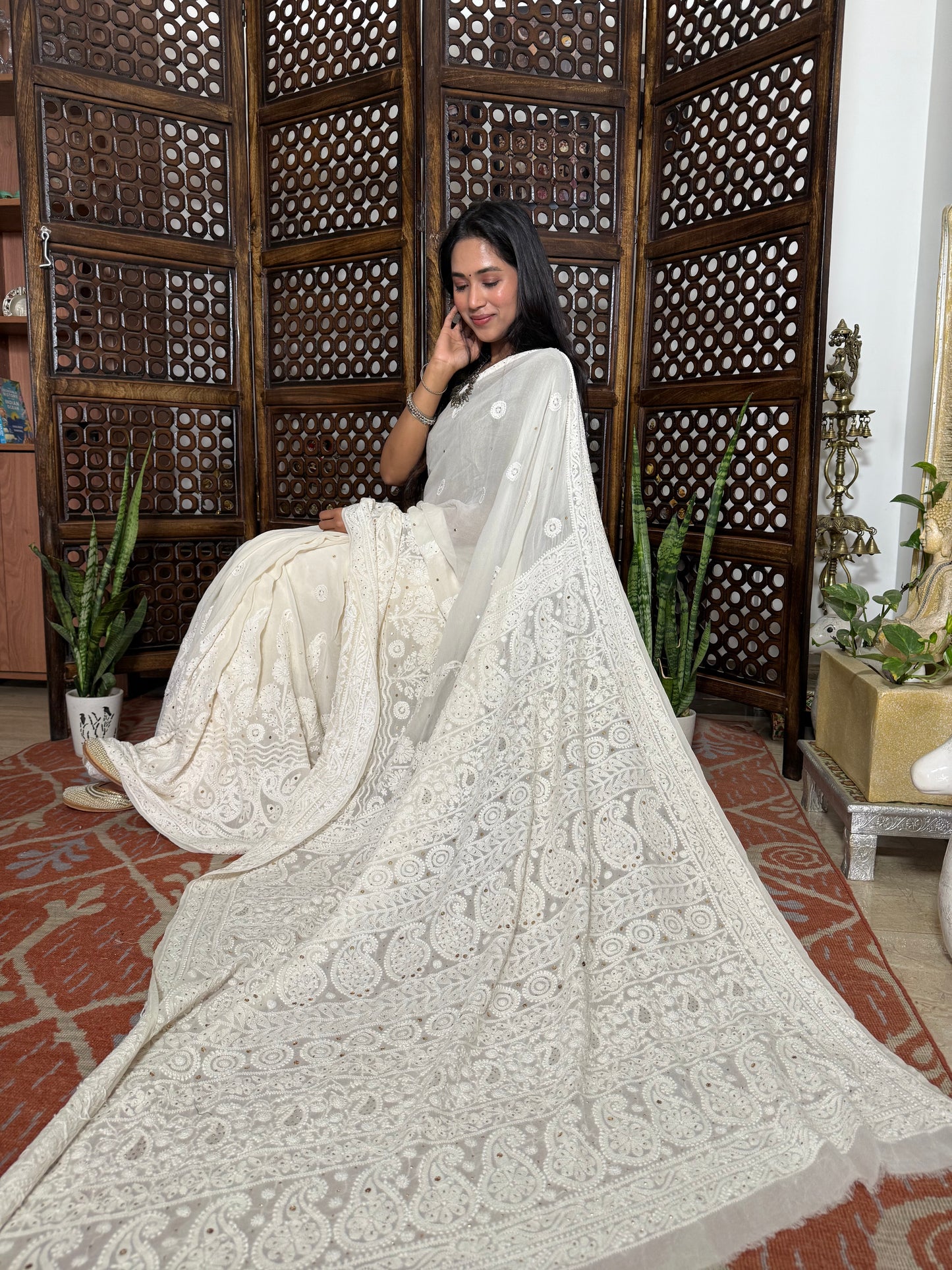 Pure Georgette Chikankari Skirt Saree with Badla-Dyeable (Off White )
