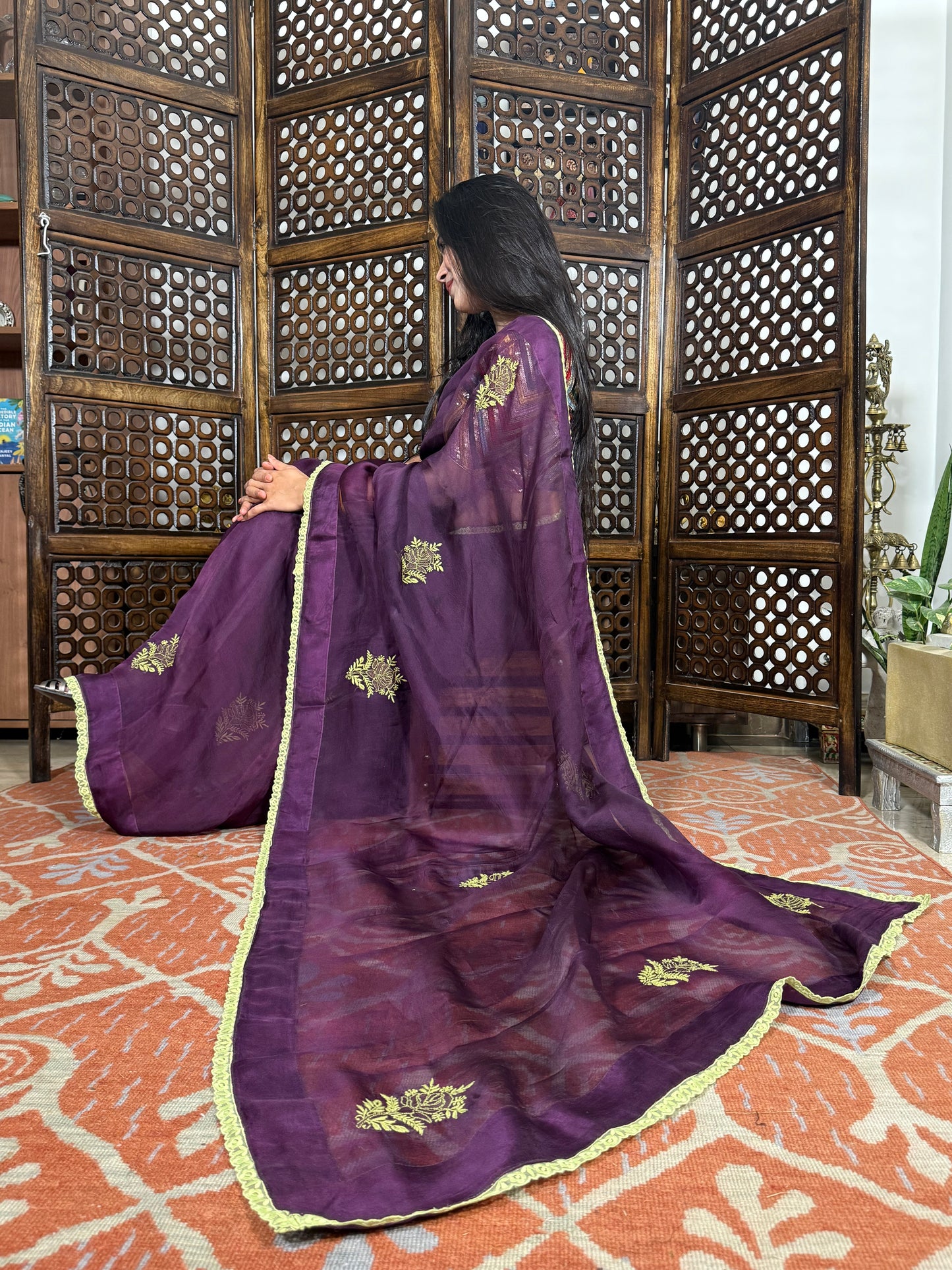 Organza Silk Chikankari Saree (Wine)