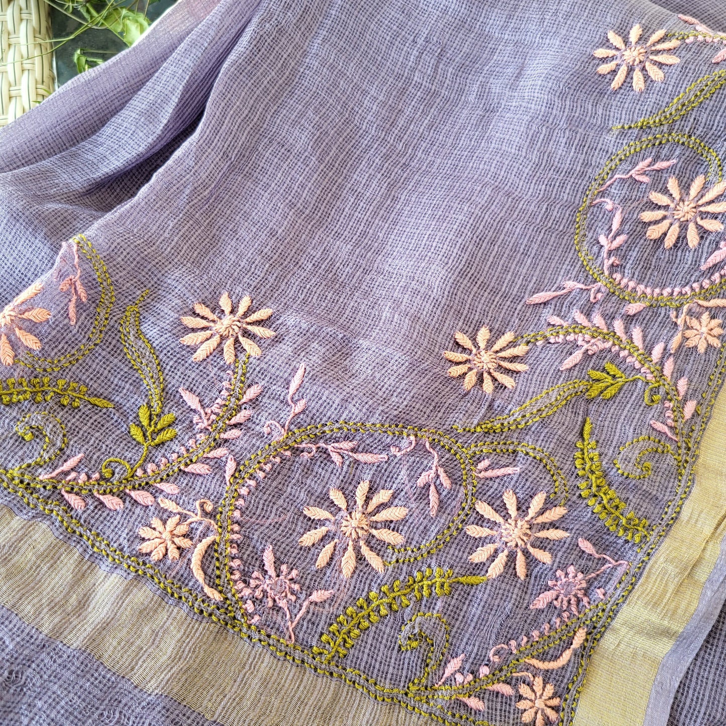 Kota Silk Chikankari Saree with Golden Border (Dark lavender)