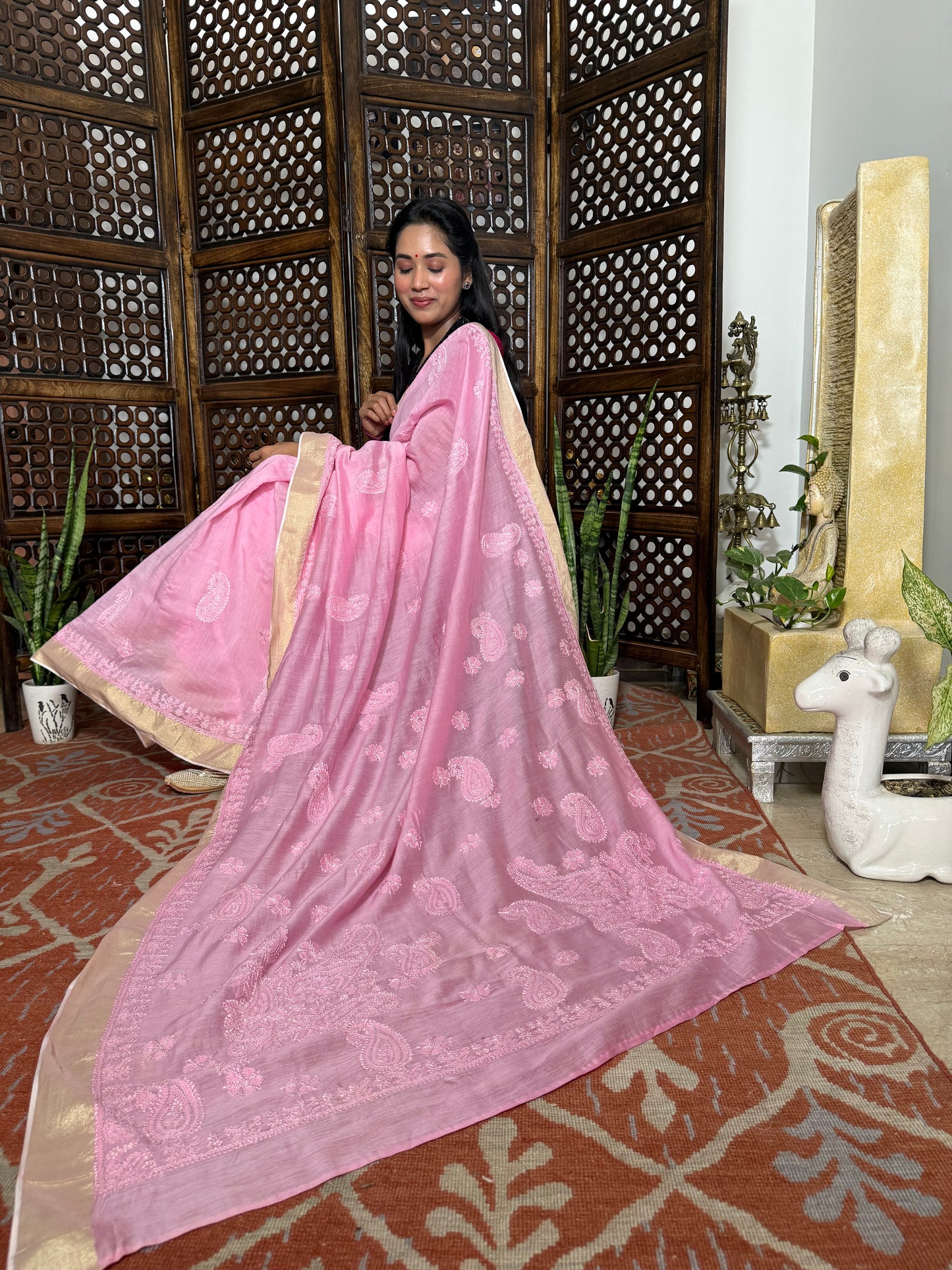 Chanderi Silk Chikankari Saree (pink)