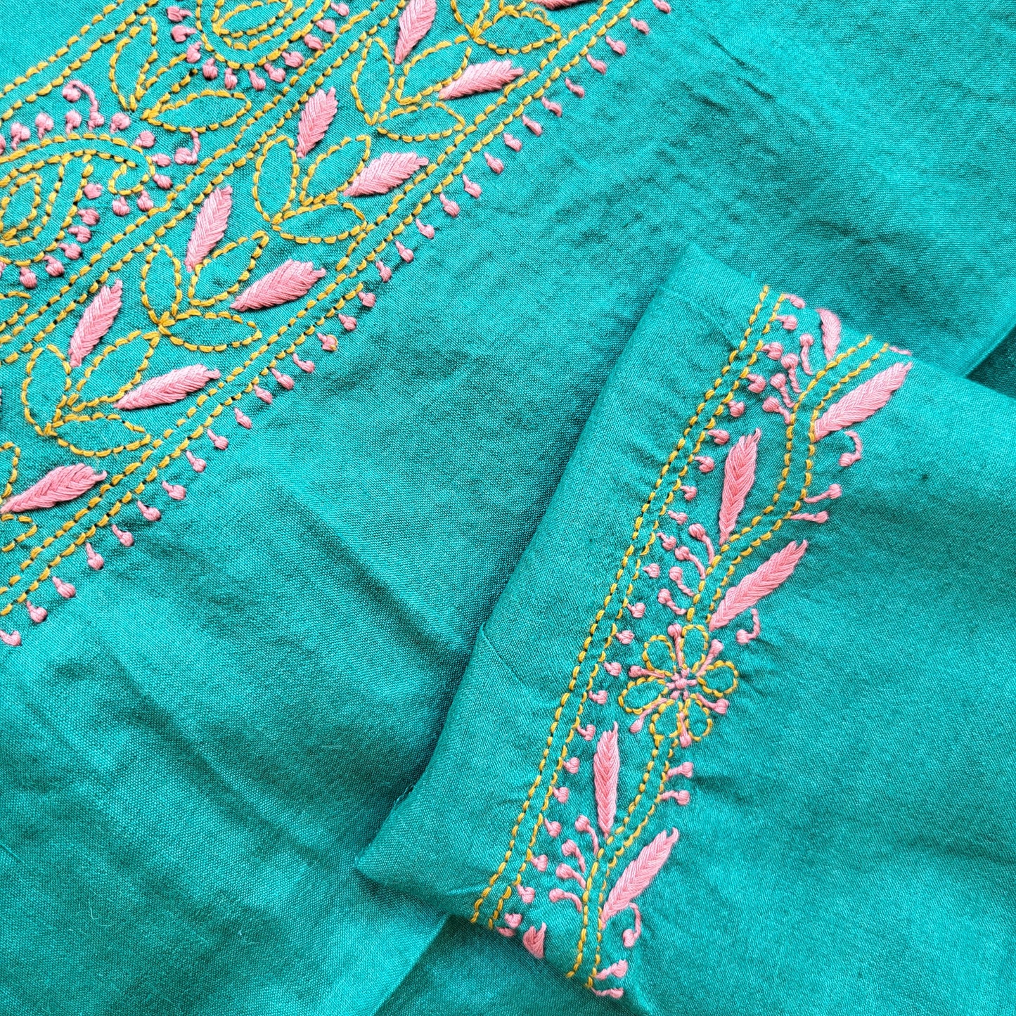 Moonga Silk Mens Chikankari Short Kurta Fabric ( Rama Green)