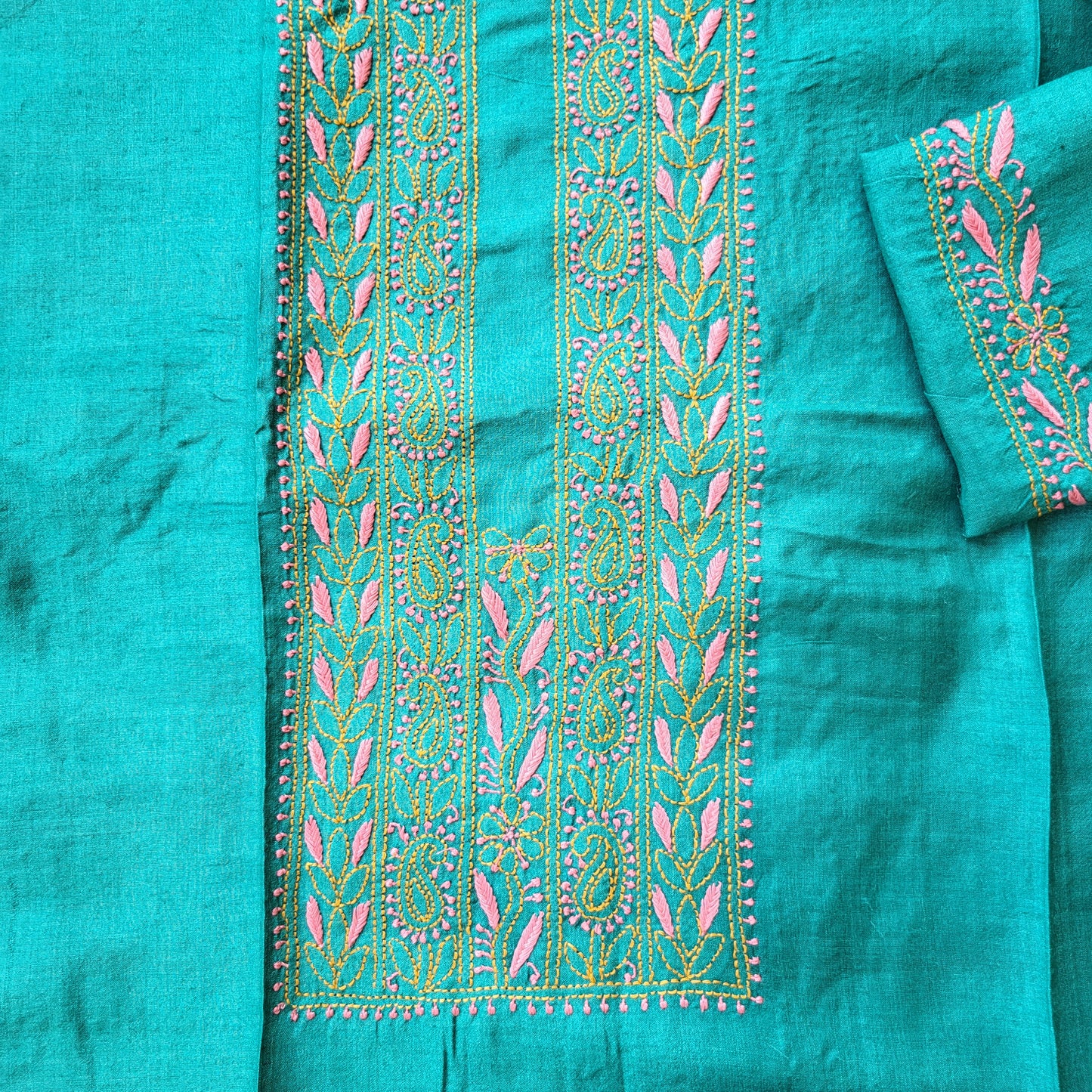 Moonga Silk Mens Chikankari Short Kurta Fabric ( Rama Green)