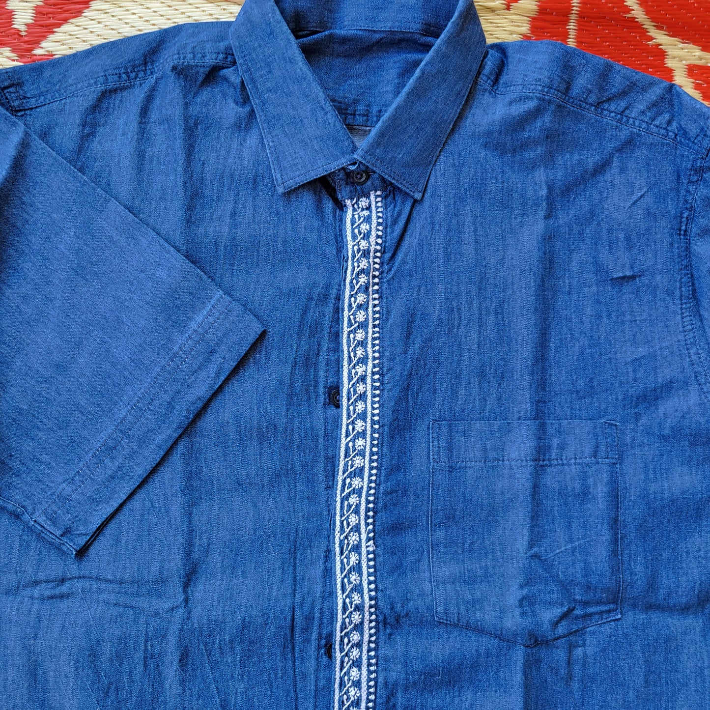 Denim Mens Chikankari Half Shirt Fabric (Blue )