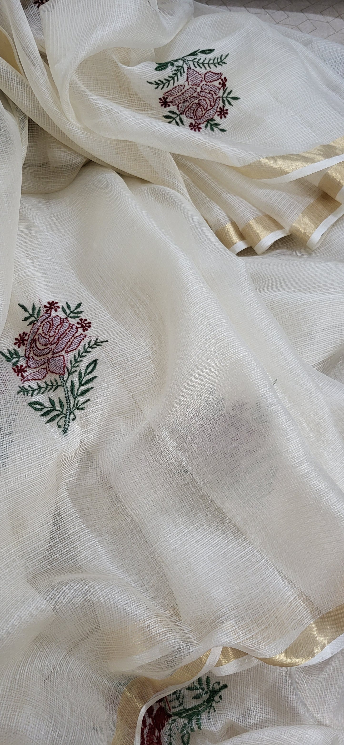 Kota Silk Chikankari Saree with Golden Border (Cream)