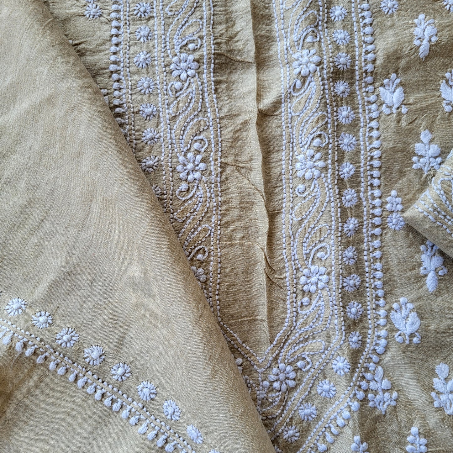 Moonga Silk Mens Chikankari Kurta Fabric with all over embroidery (dyeable )