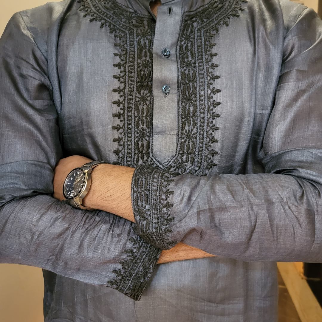 Tussar Silk Mens Chikankari Kurta Fabric ( Grey )