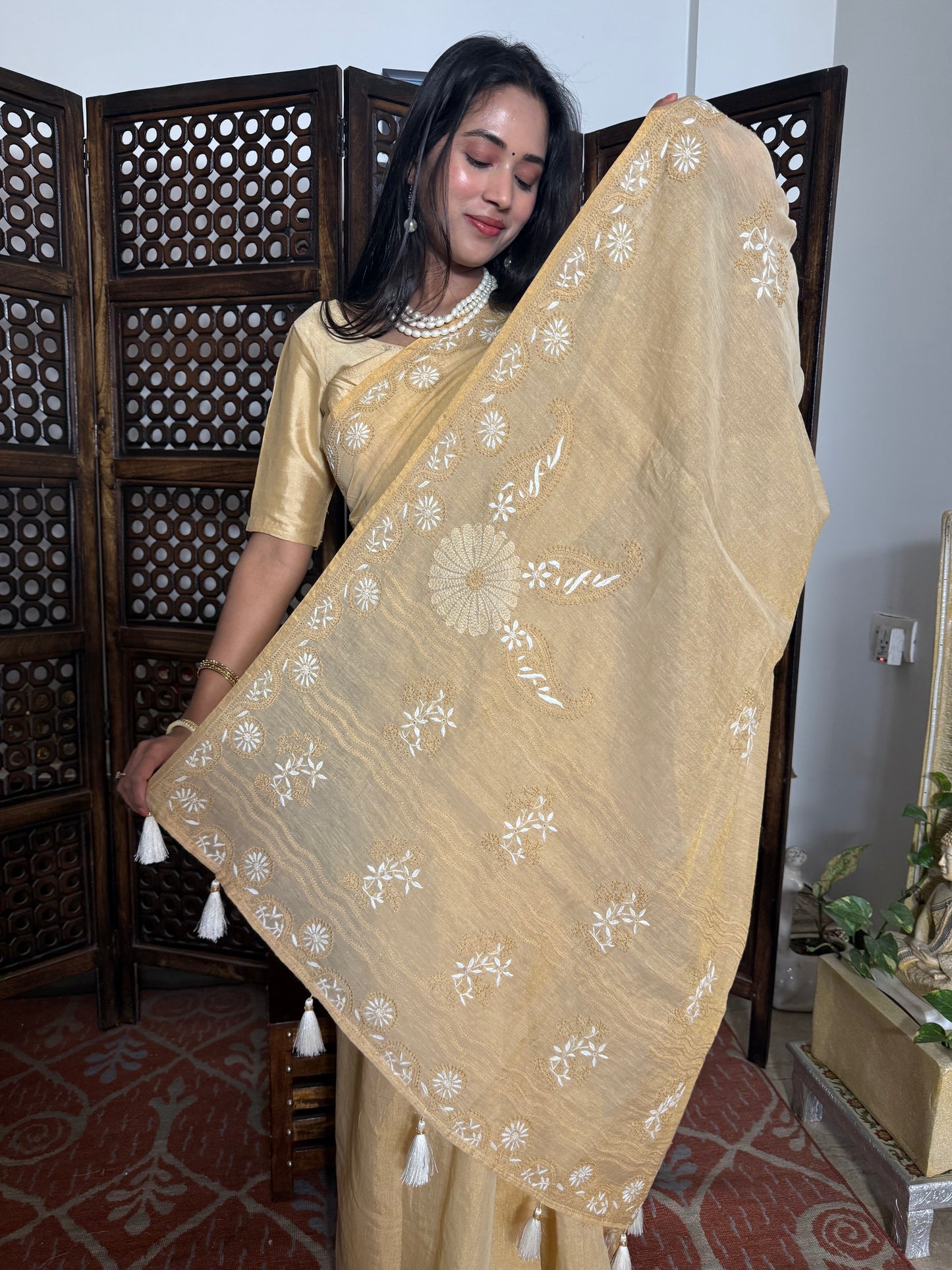 Chanderi Tissue Silk Chikankari Saree (Golden)
