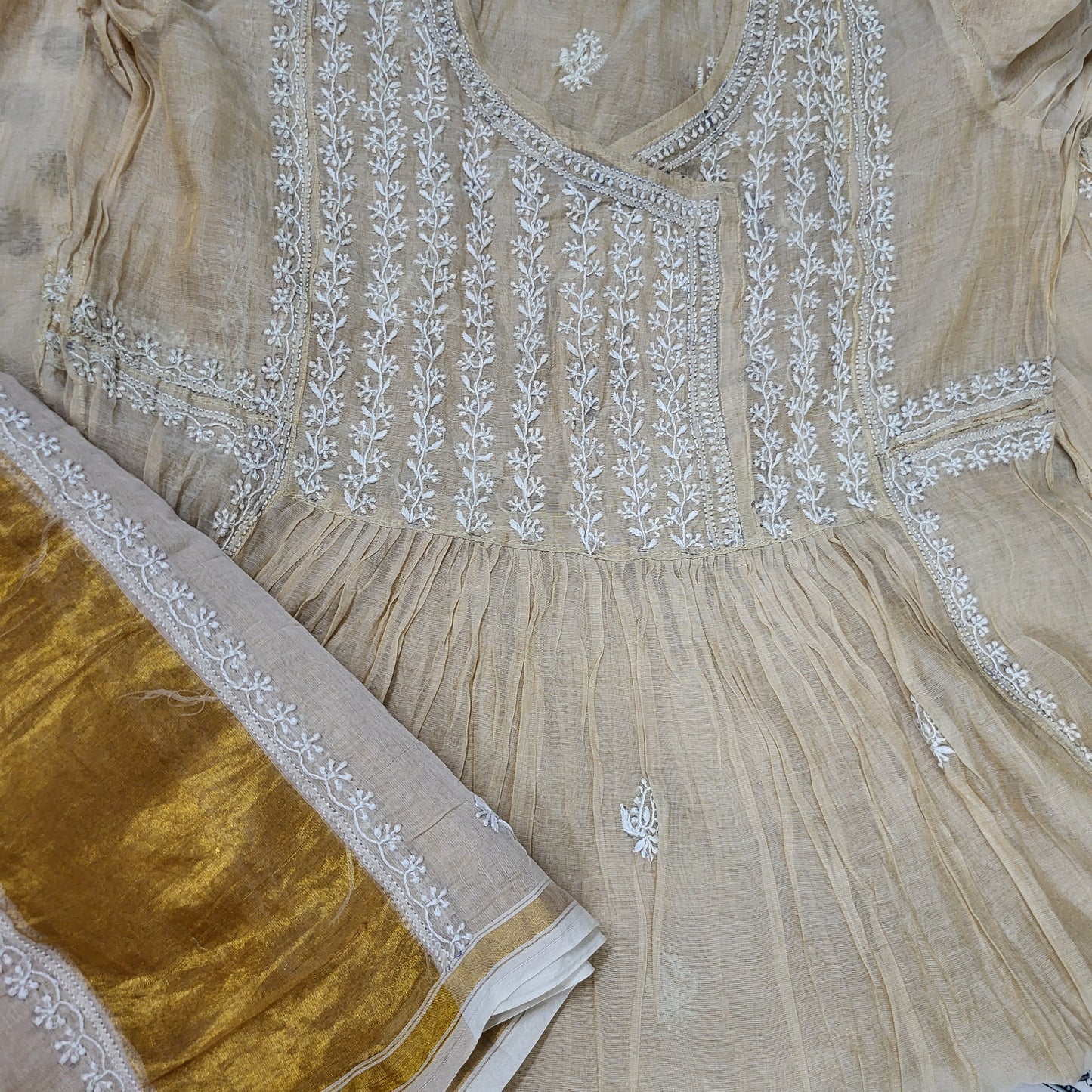 Chanderi Tissue Pure Silk Semi Stitch Chikankari Angarkha Kurta fabric and Dupatta-Dyeable