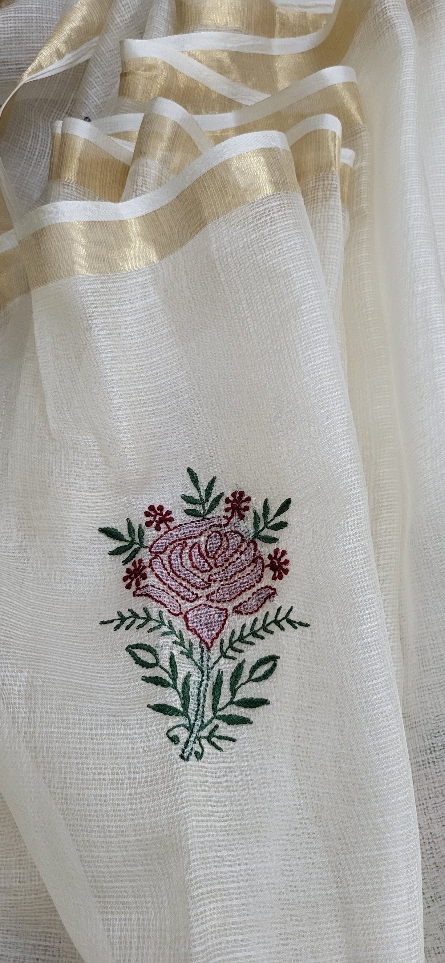 Kota Silk Chikankari Saree with Golden Border (Cream)