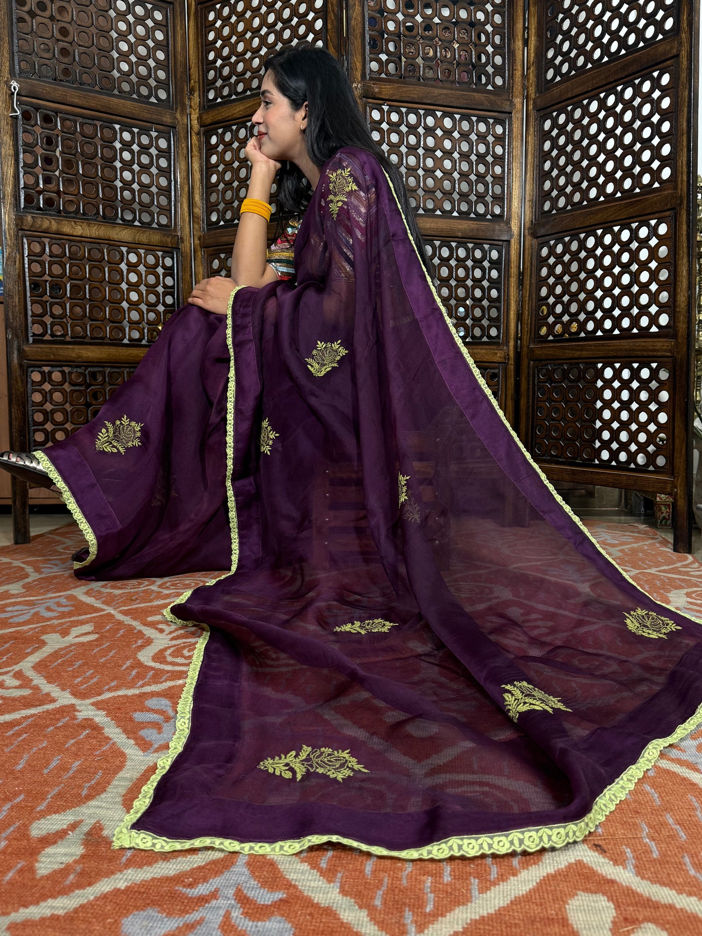 Organza Silk Chikankari Saree (Wine)