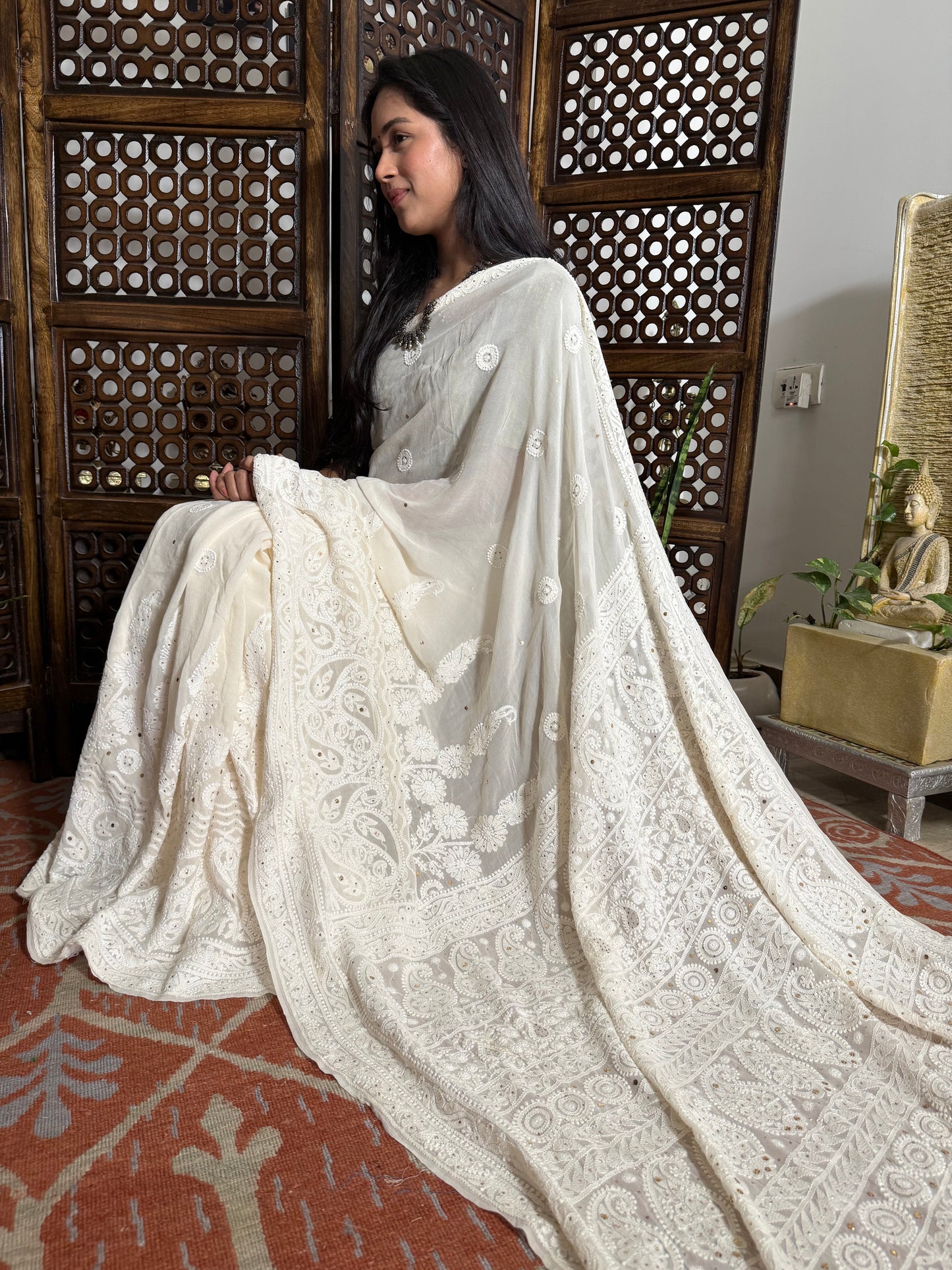 Pure Georgette Chikankari Skirt Saree with Badla-Dyeable (Off White )