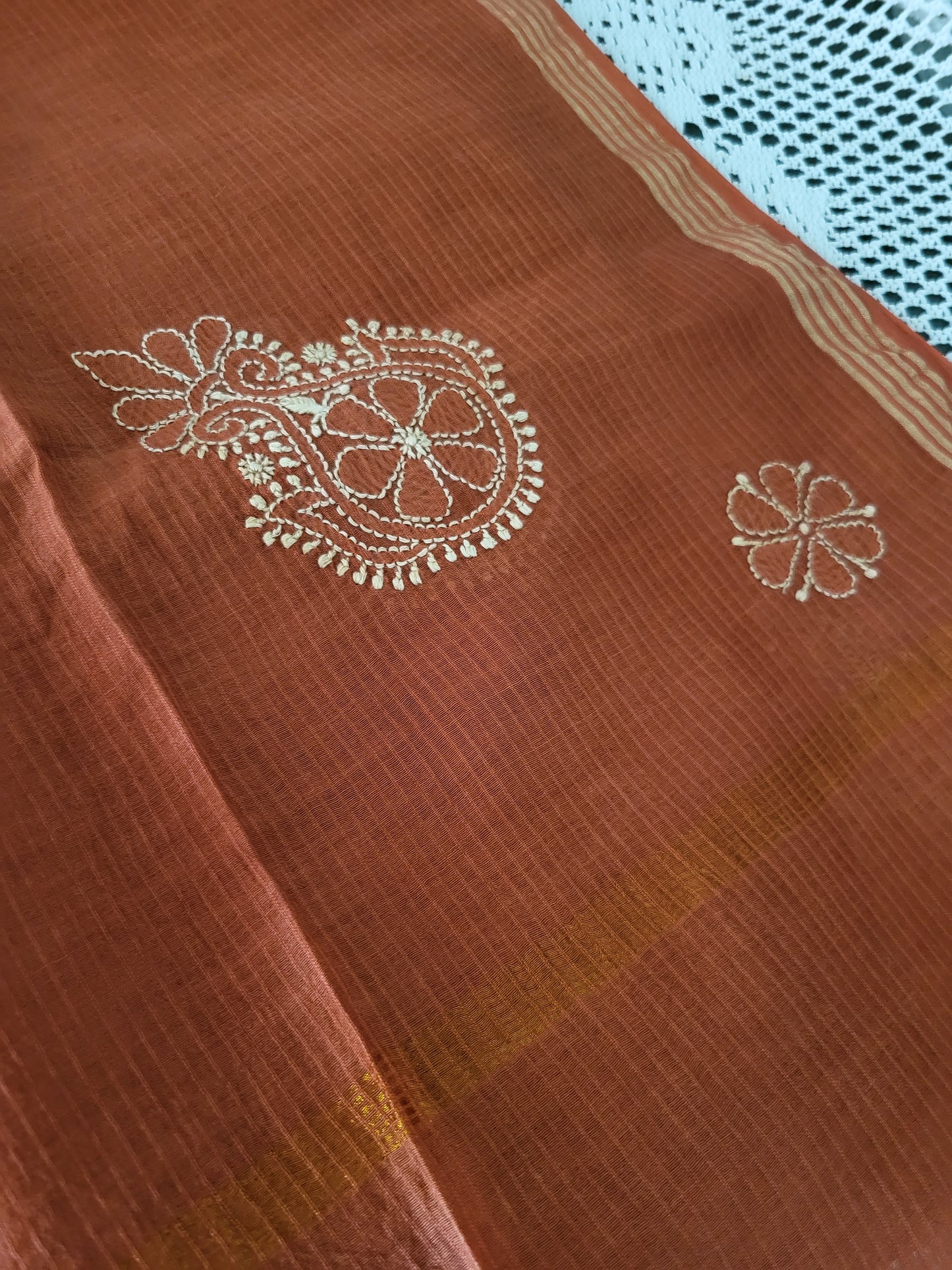 Chanderi Cotton Chikankari Dupatta (Brick brown)