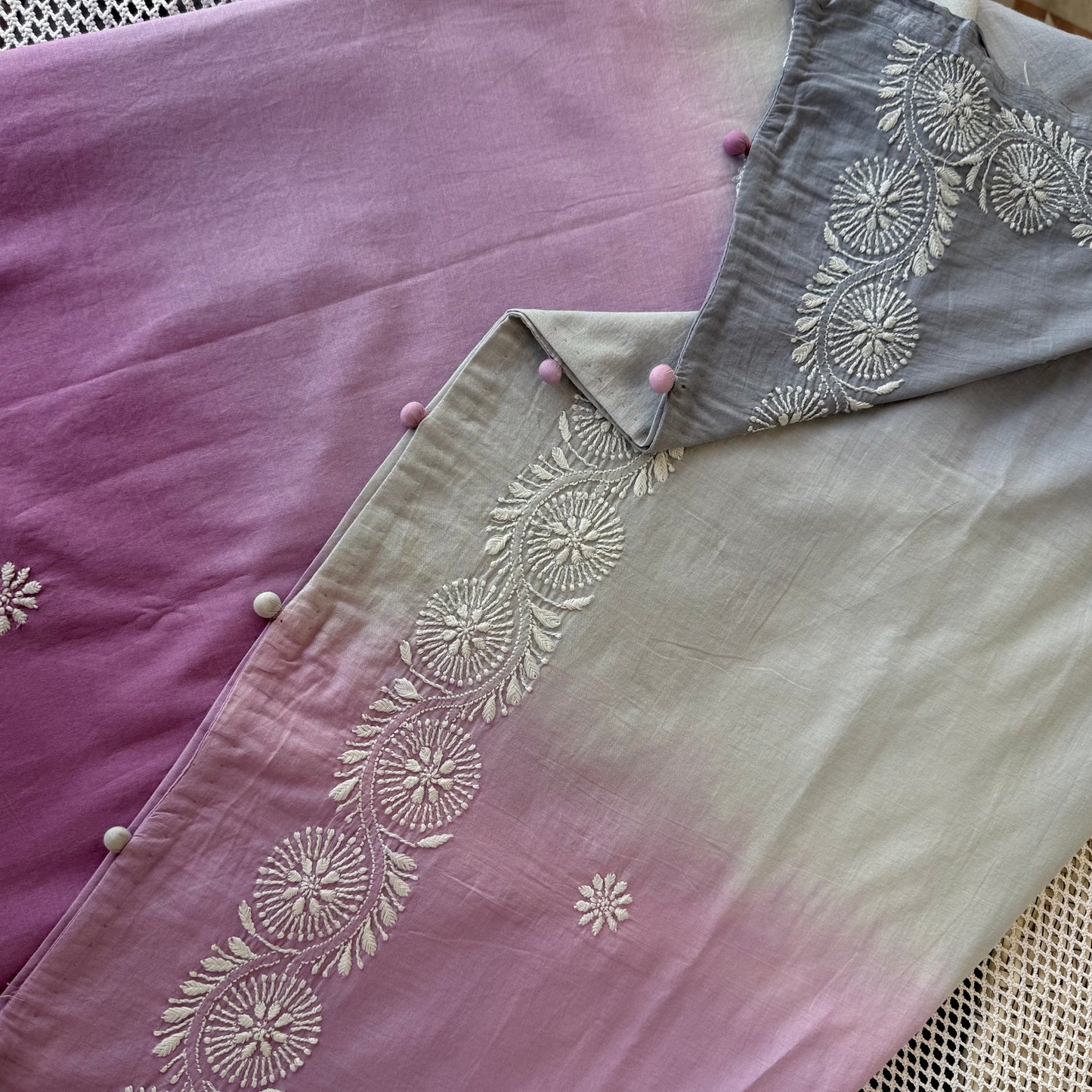 Mulmul cotton Chikankari Saree (Lavender and grey shade)