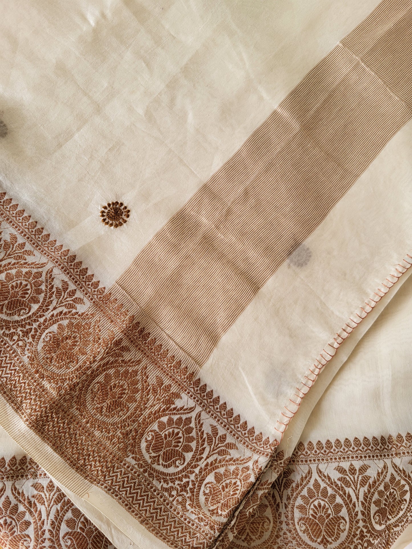 Chanderi Silk Chikankari Saree with Jacquard Border ( cream )