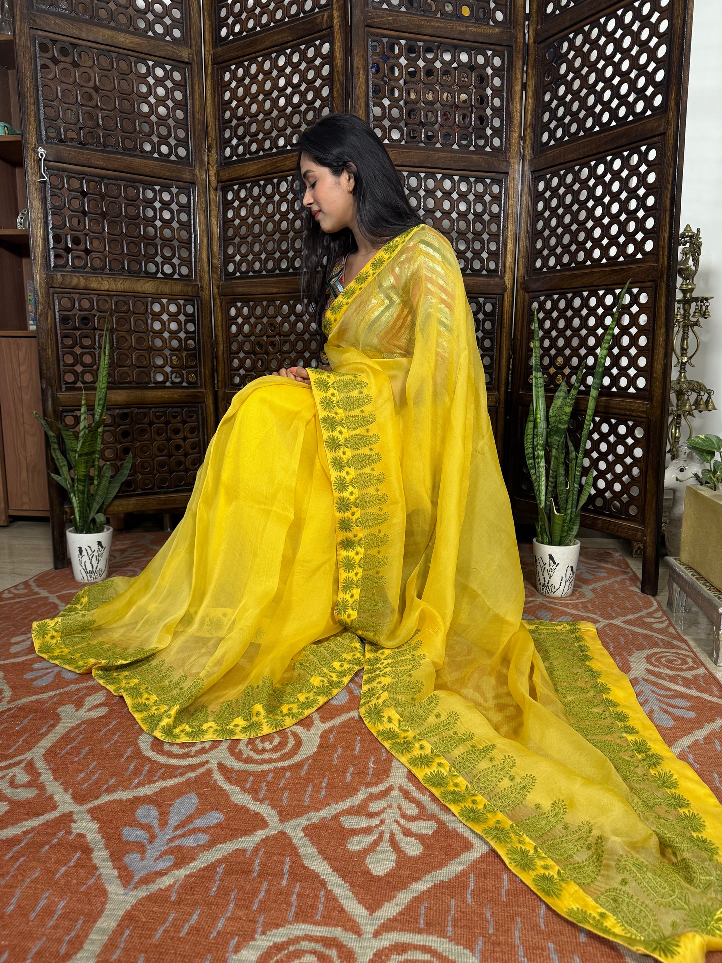 Organza Silk Chikankari Saree (Yellow)