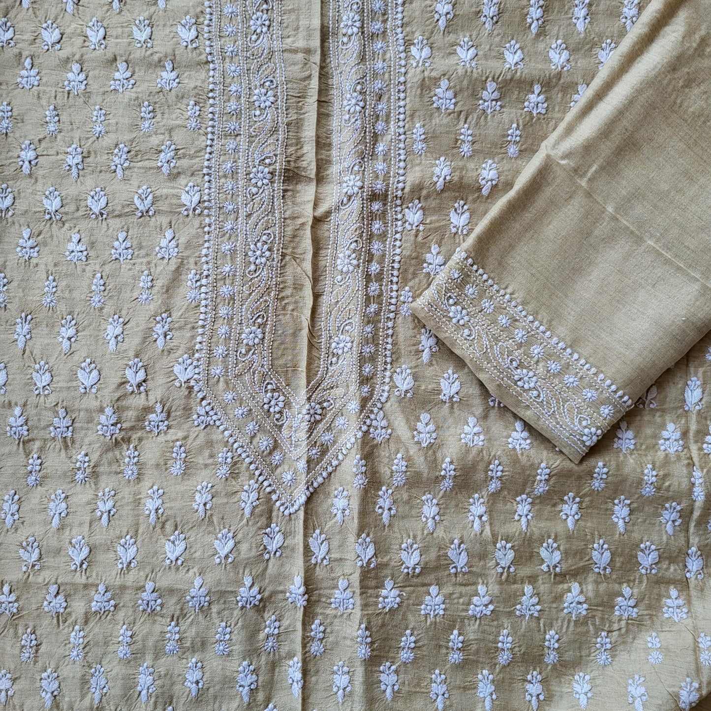 Moonga Silk Mens Chikankari Kurta Fabric with all over embroidery (dyeable )