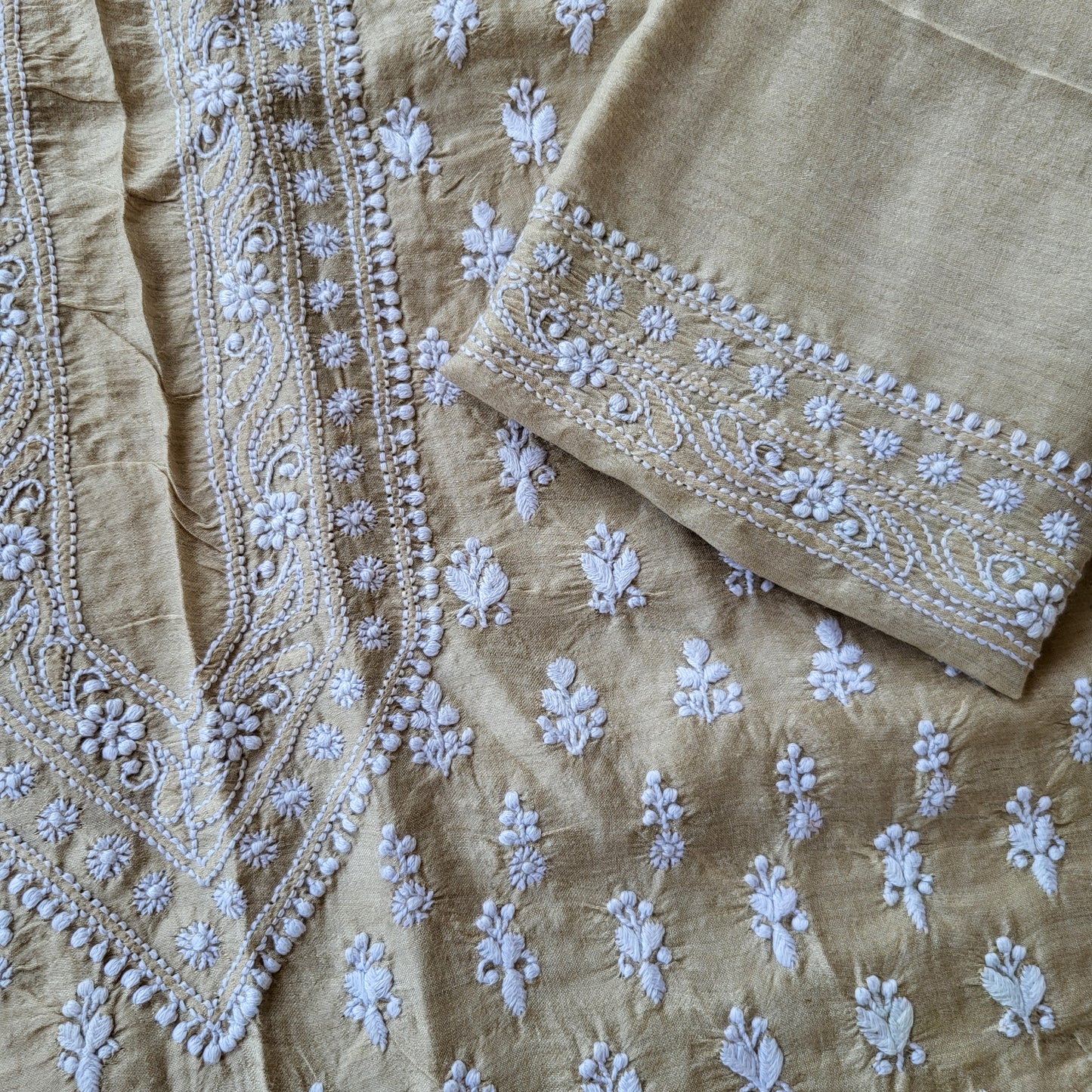 Moonga Silk Mens Chikankari Kurta Fabric with all over embroidery (dyeable )