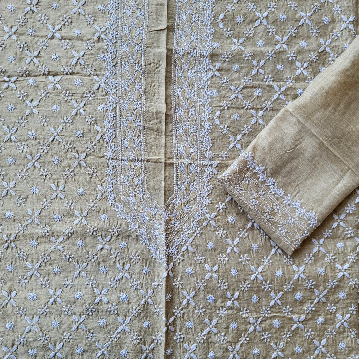 Moonga Silk Mens Chikankari Kurta Fabric with all over embroidery (dyeable )