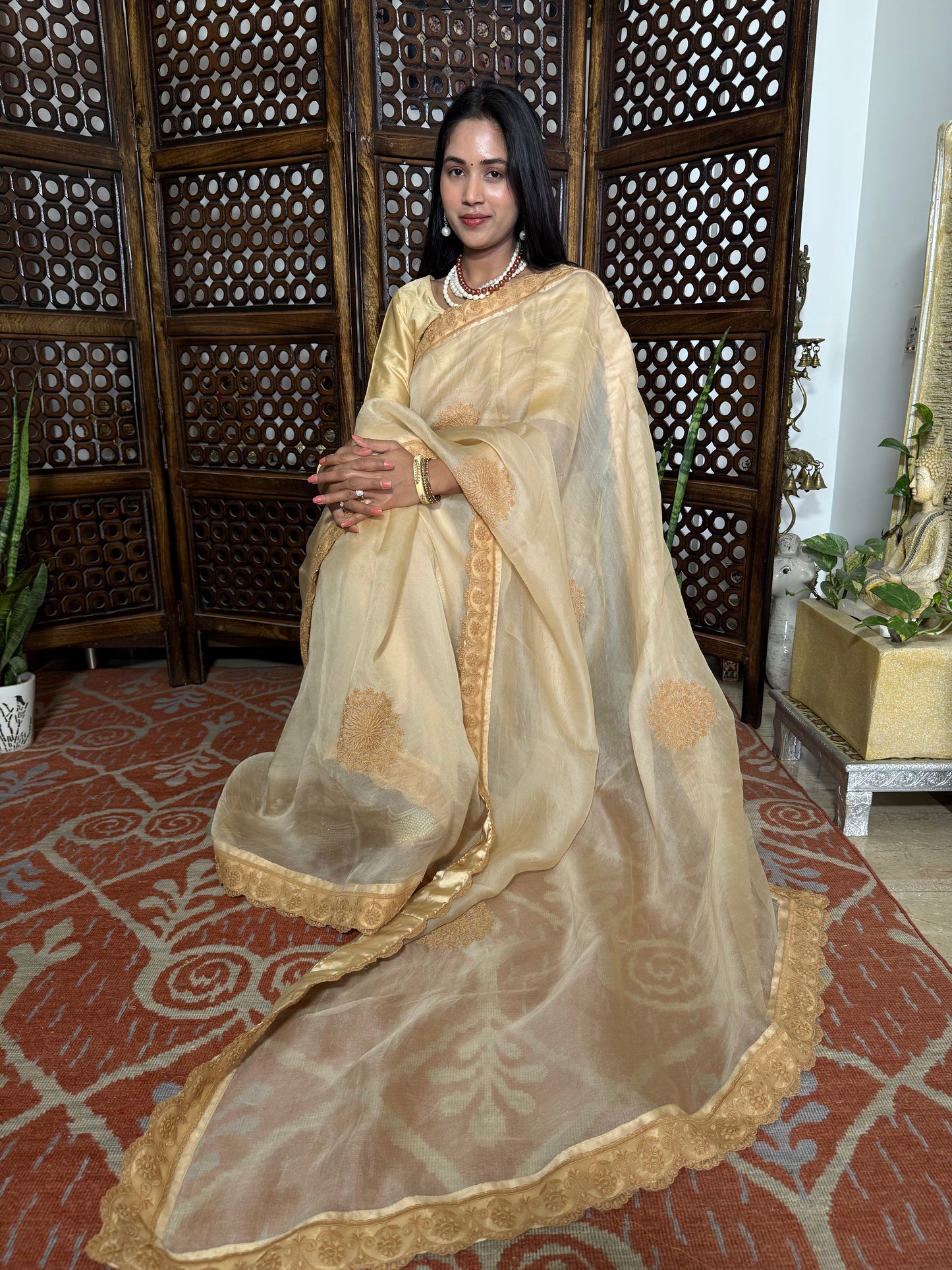 Organza Silk Chikankari Saree (Almond)