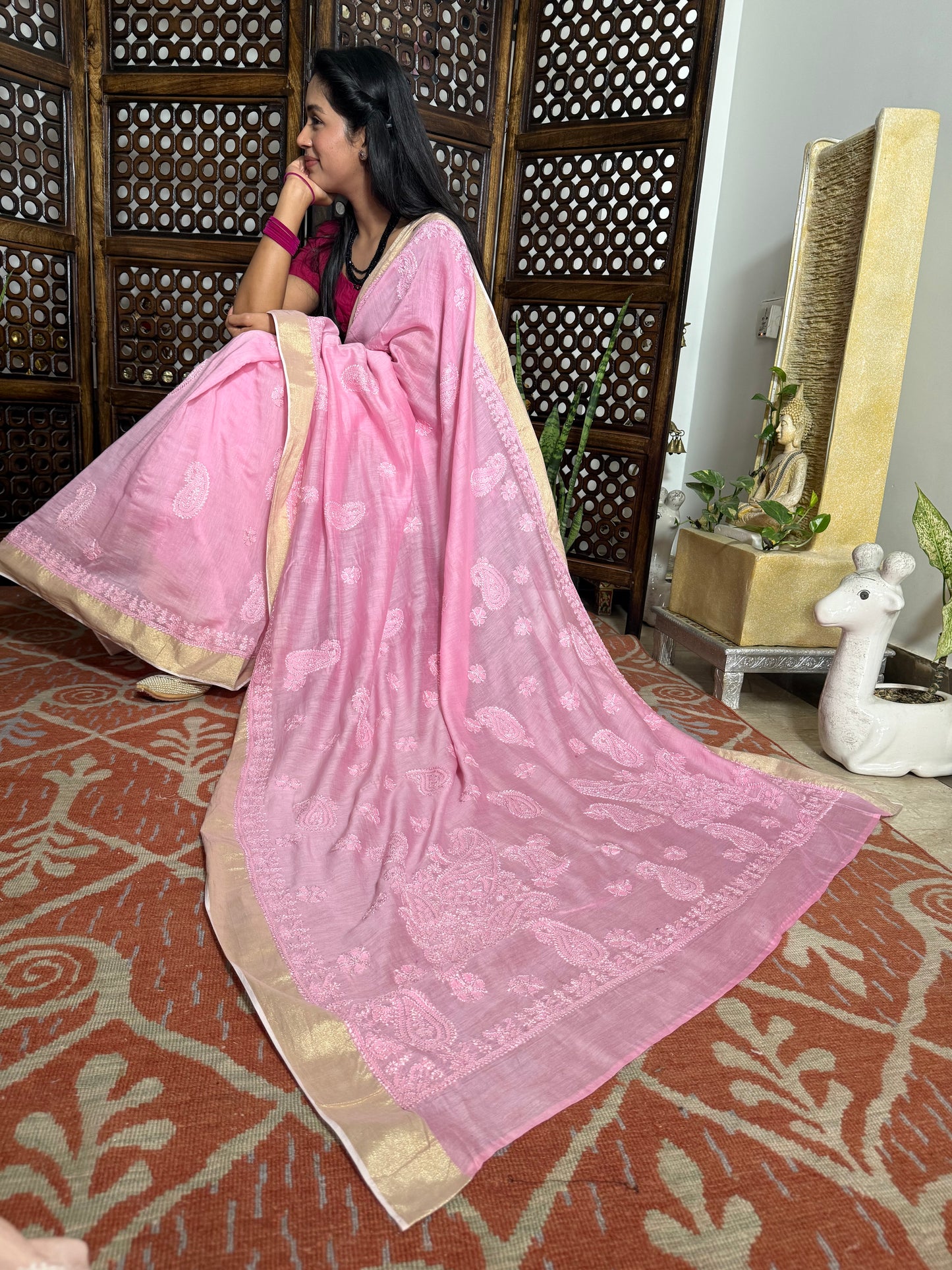 Chanderi Silk Chikankari Saree (pink)