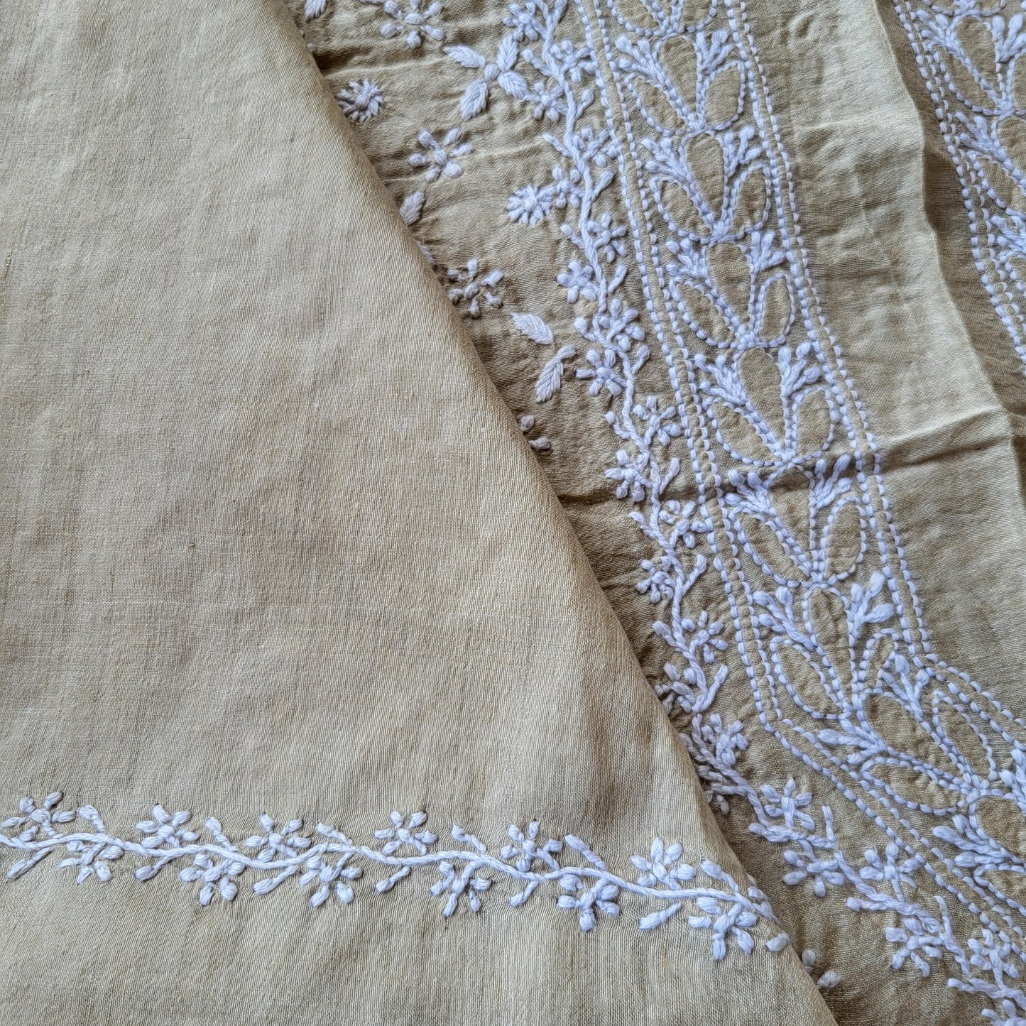 Moonga Silk Mens Chikankari Kurta Fabric with all over embroidery (dyeable )
