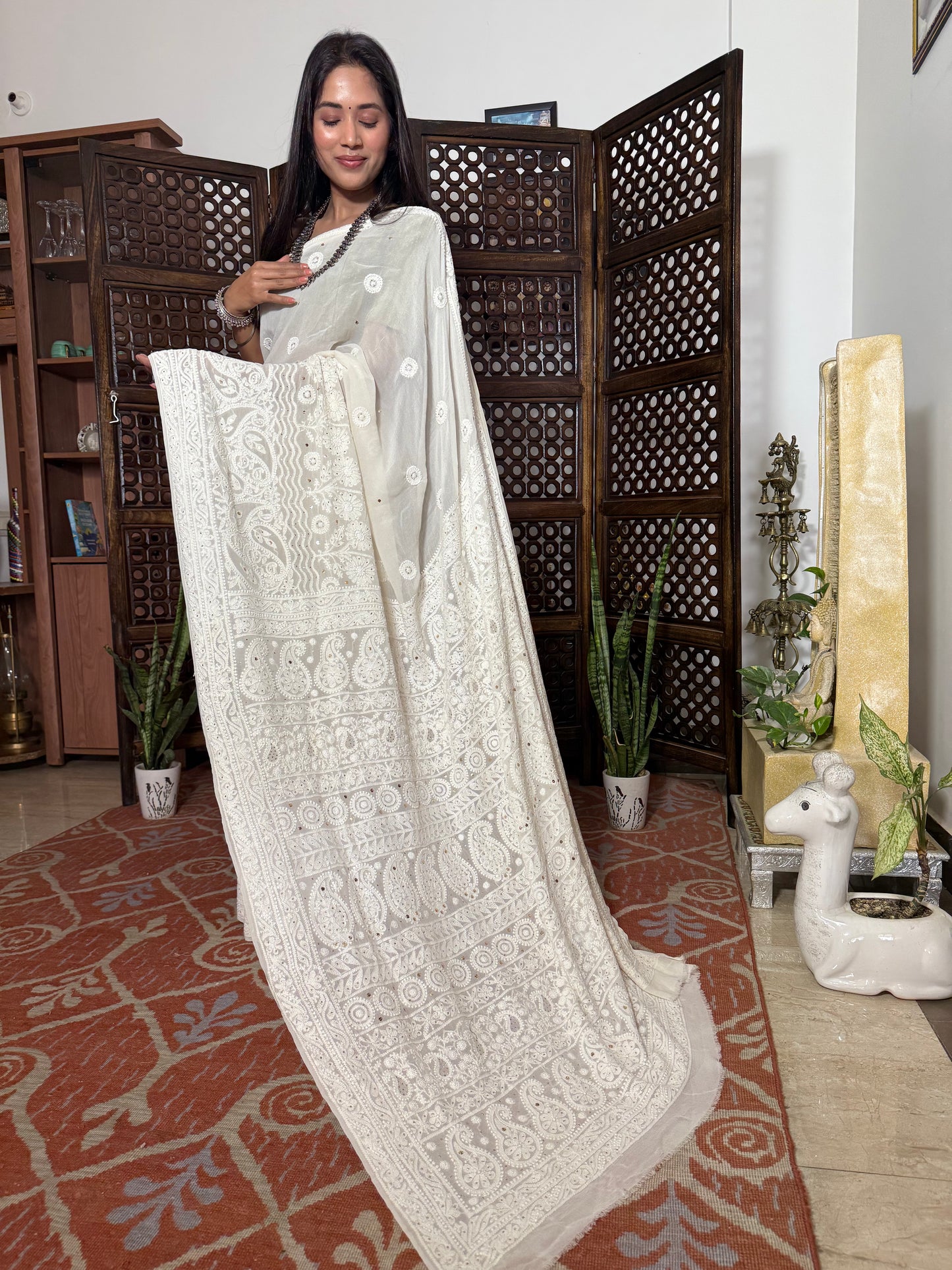 Pure Georgette Chikankari Skirt Saree with Badla-Dyeable (Off White )