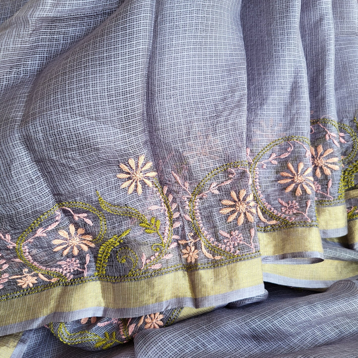 Kota Silk Chikankari Saree with Golden Border (Dark lavender)