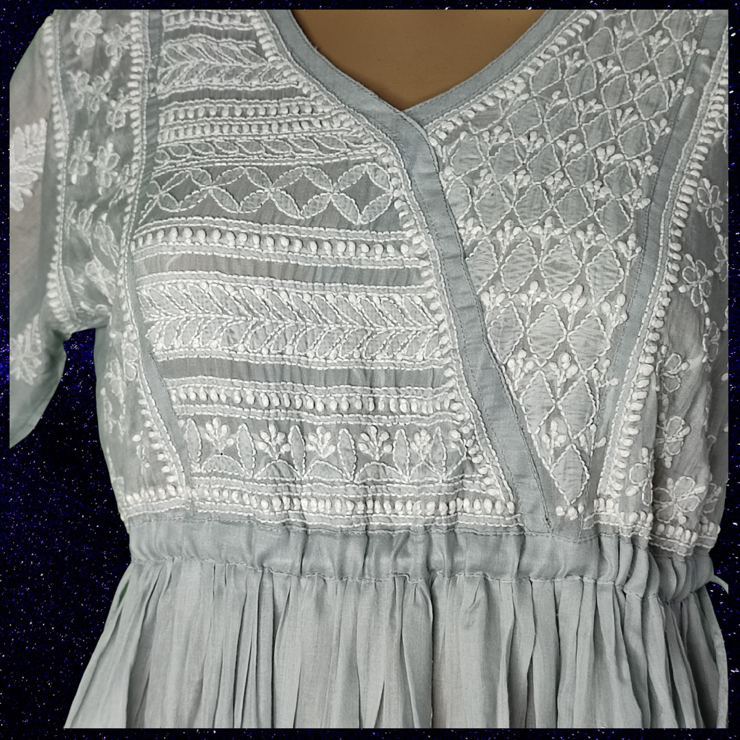 Cotton Chikankari Angarkha Style Long Kurta(Grey)