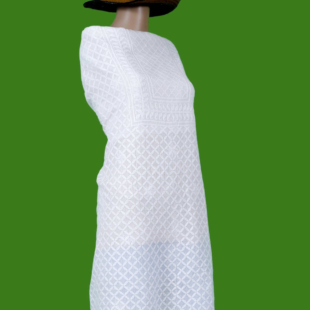 Kota Cotton Chikankari Kurta Fabric (White Dyeable)