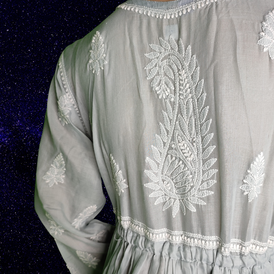 Cotton Chikankari Angarkha Style Long Kurta(Grey)