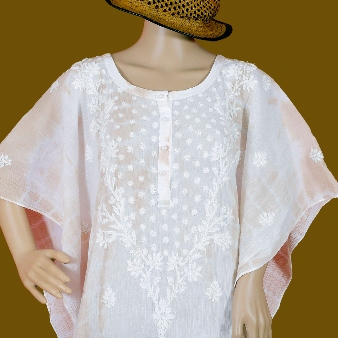 Crush Cotton Tie & Dye Chikankari Kaftan (Beige & White)