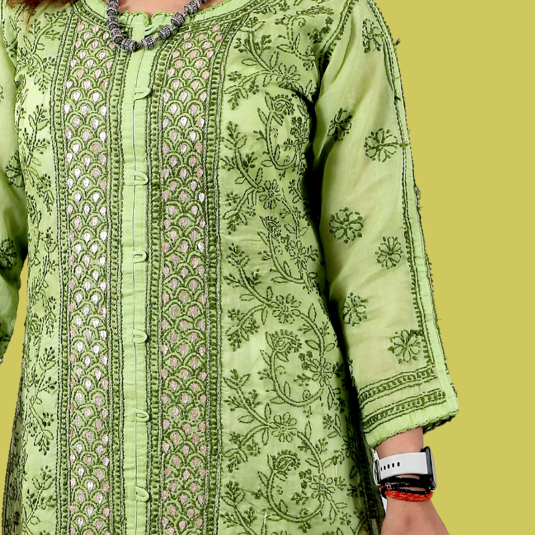 Cotton Chikankari Kurta with Gotapatti (Green)