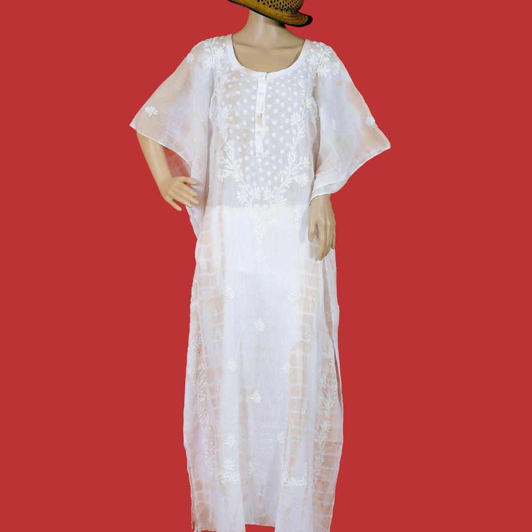 Crush Cotton Tie & Dye Chikankari Kaftan (Beige & White)