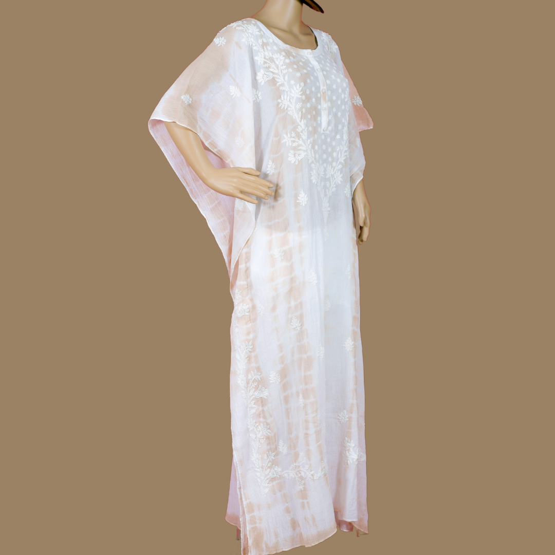 Crush Cotton Tie & Dye Chikankari Kaftan (Beige & White)